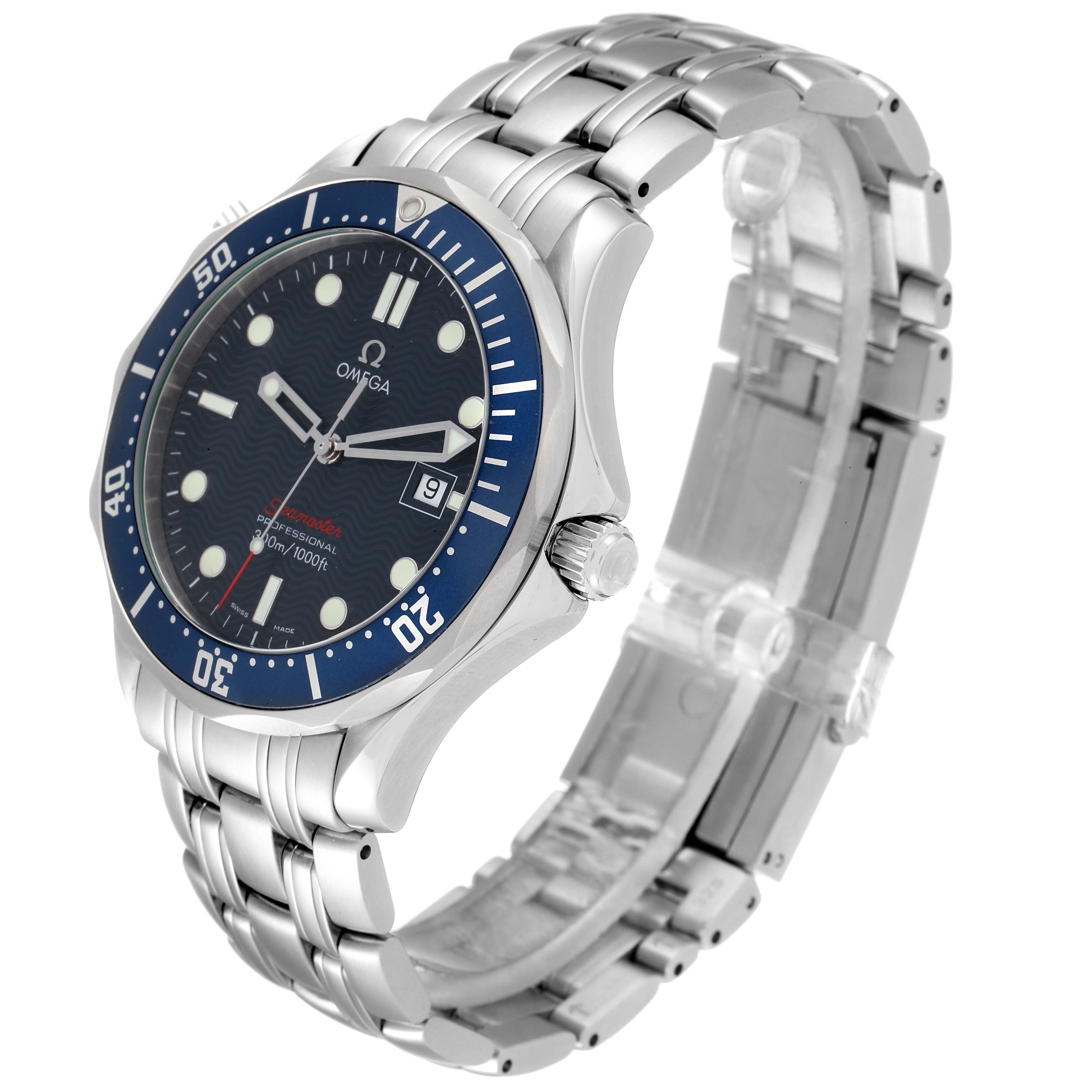 The image shows a left-angled view of the Omega Seamaster 2221.80.00 Men's Stainless Steel Blue Dial 2221.80.00 Men's Stainless Steel Blue Dial watch, highlighting its face, bezel, crown, and stainless steel bracelet.