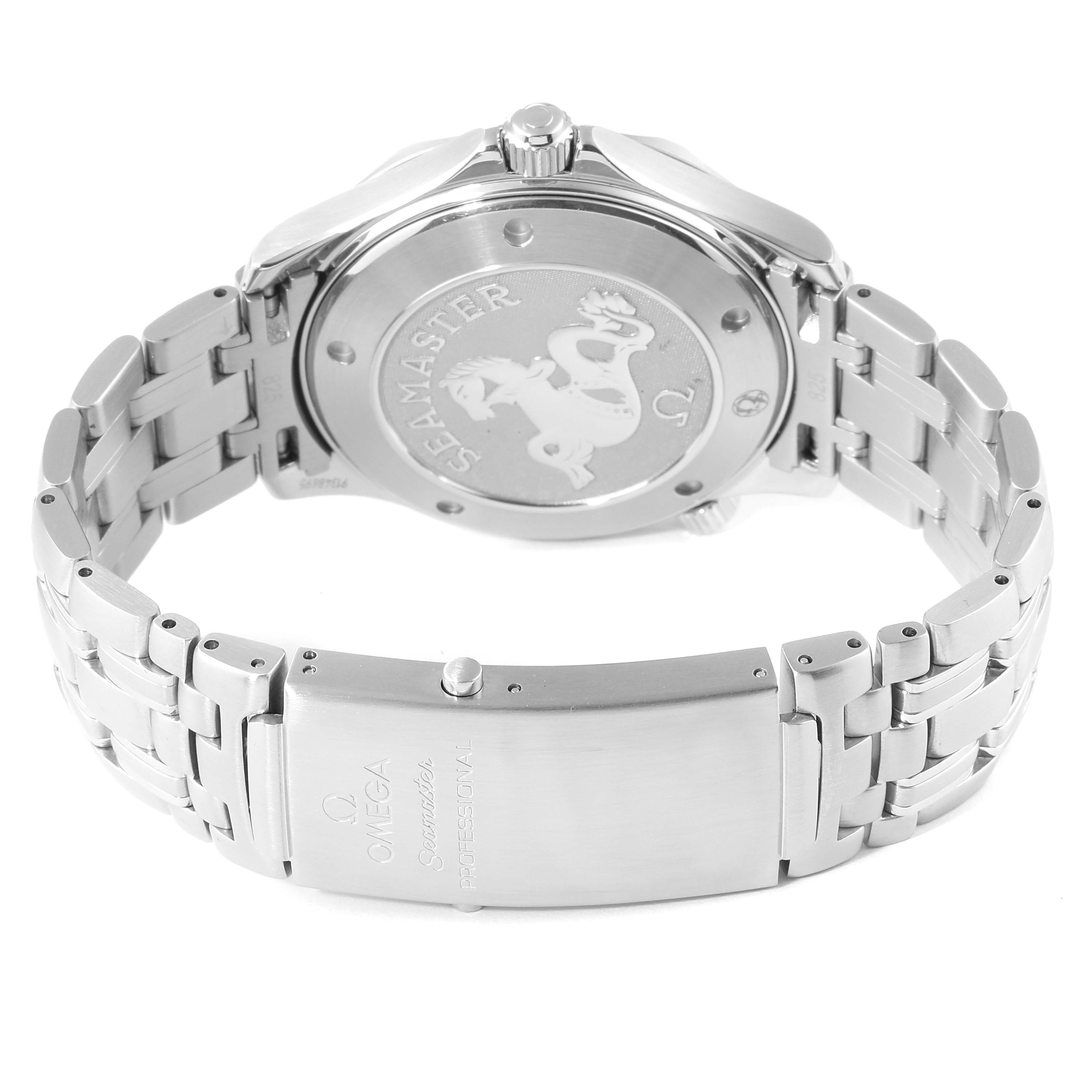 The image shows the back case and bracelet of an Omega Seamaster 2221.80.00 Men's Stainless Steel Blue Dial 2221.80.00 Men's Stainless Steel Blue Dial watch from a rear angle.