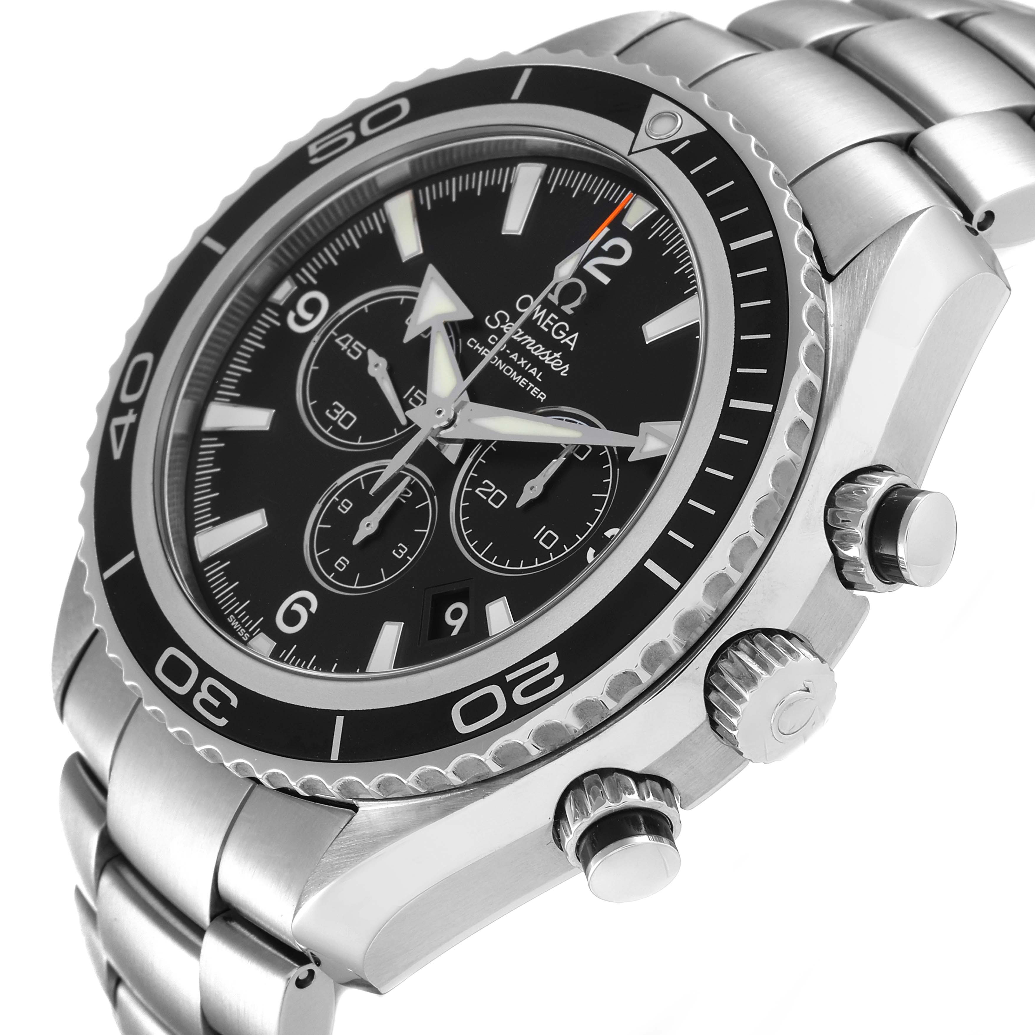 This image shows a close-up, angled side view of the Omega Planet Ocean 2210.50.00 Men
s Stainless Steel Black Dial 2210.50.00 Men
s Stainless Steel Black Dial watch, highlighting the bezel, crown, pushers, and bracelet.