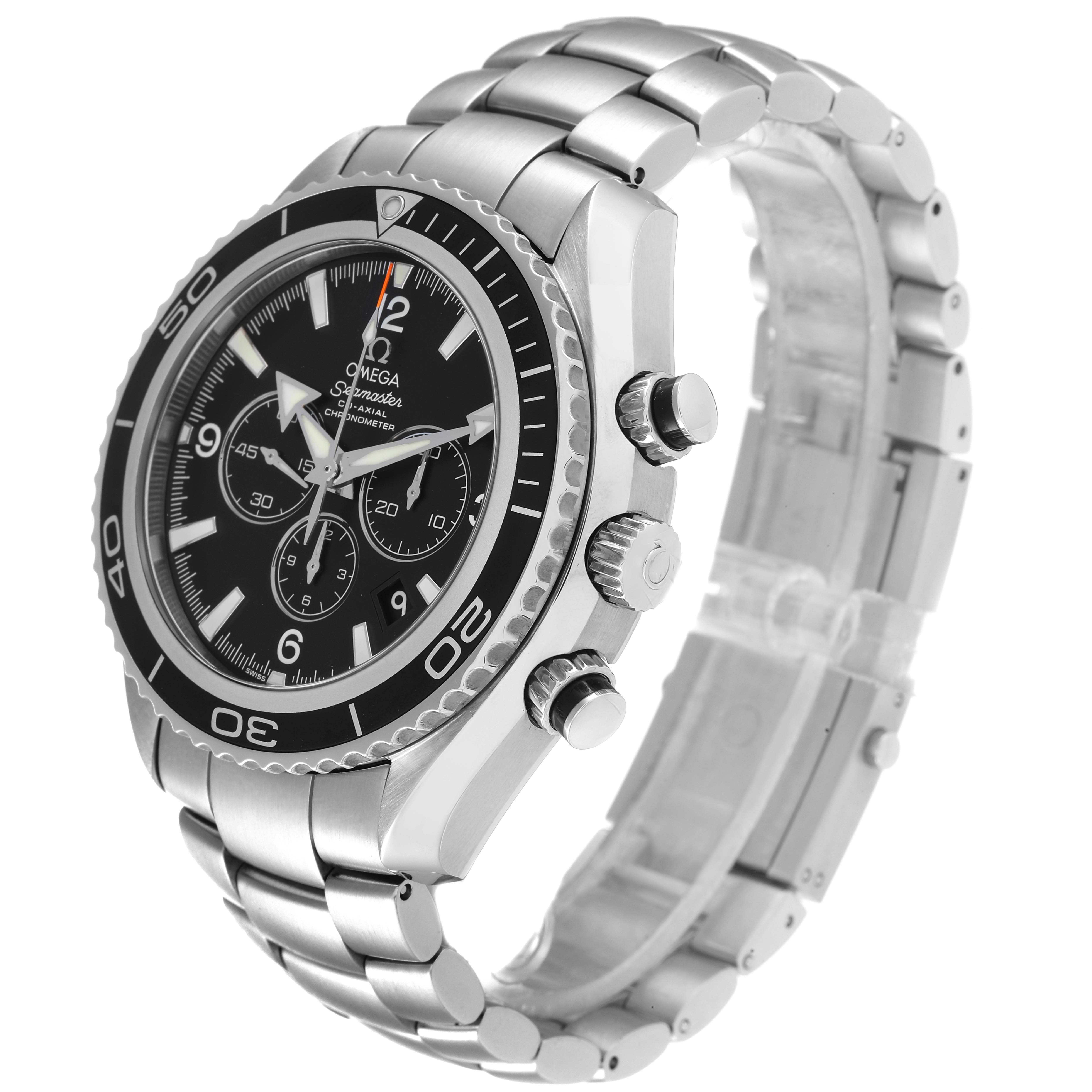 The Omega Planet Ocean 2210.50.00 Men
s Stainless Steel Black Dial 2210.50.00 Men
s Stainless Steel Black Dial watch is shown at a three-quarter angle, displaying its face, side buttons, and metal bracelet.