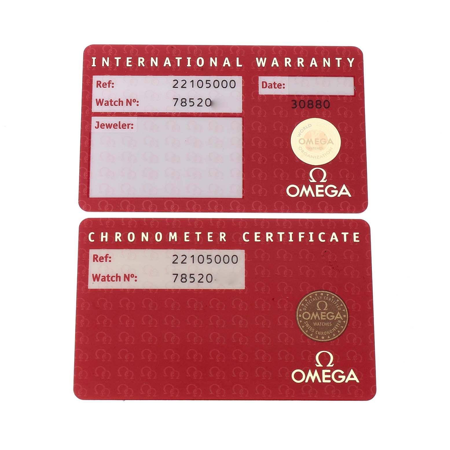 The image shows two cards: an International Warranty and a Chronometer Certificate for the Omega Planet Ocean 2210.50.00 Men
s Stainless Steel Black Dial 2210.50.00 Men
s Stainless Steel Black Dial model watch.