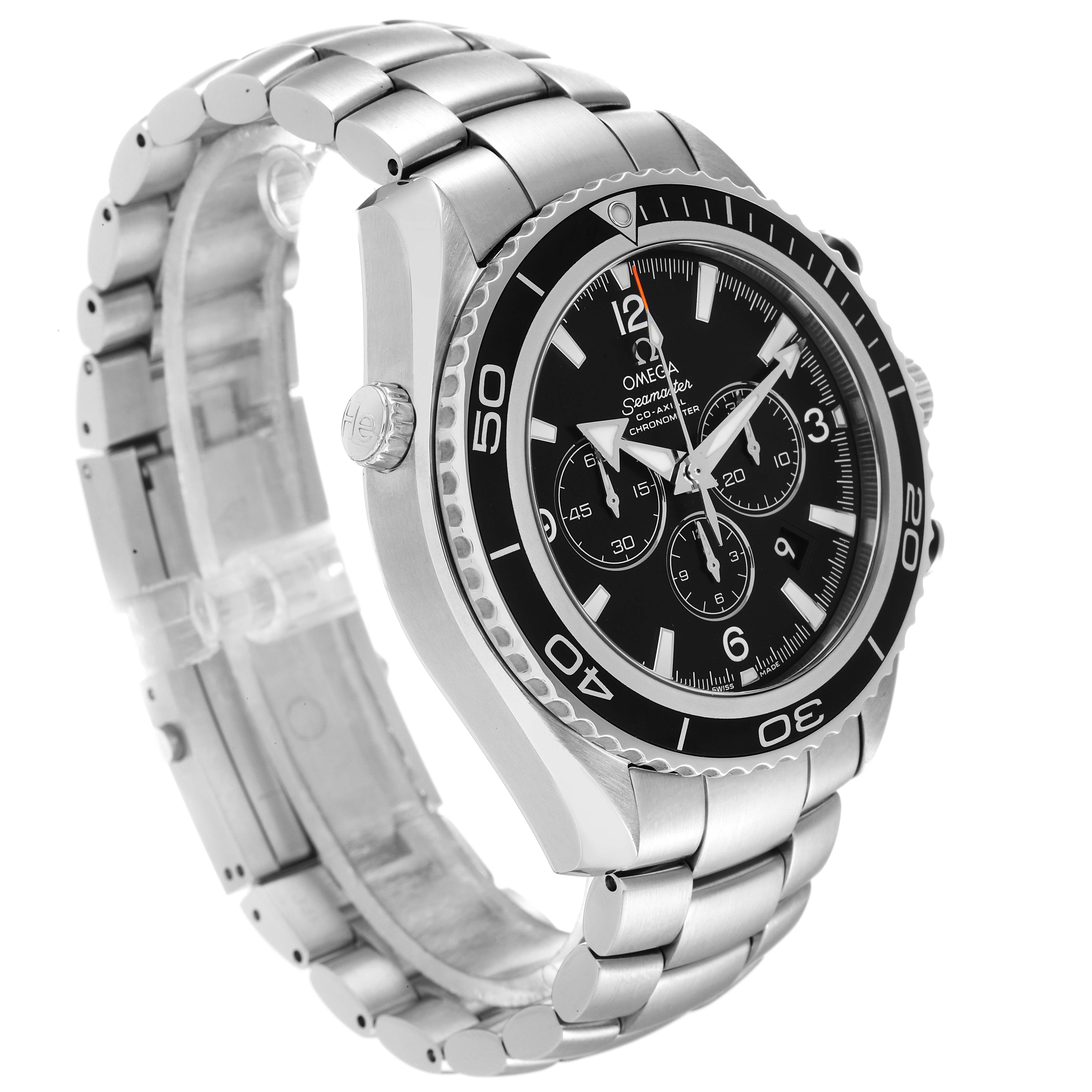 The image shows a side angle of the Omega Planet Ocean 2210.50.00 Men
s Stainless Steel Black Dial 2210.50.00 Men
s Stainless Steel Black Dial watch, highlighting the face, bezel, crown, and metal bracelet.