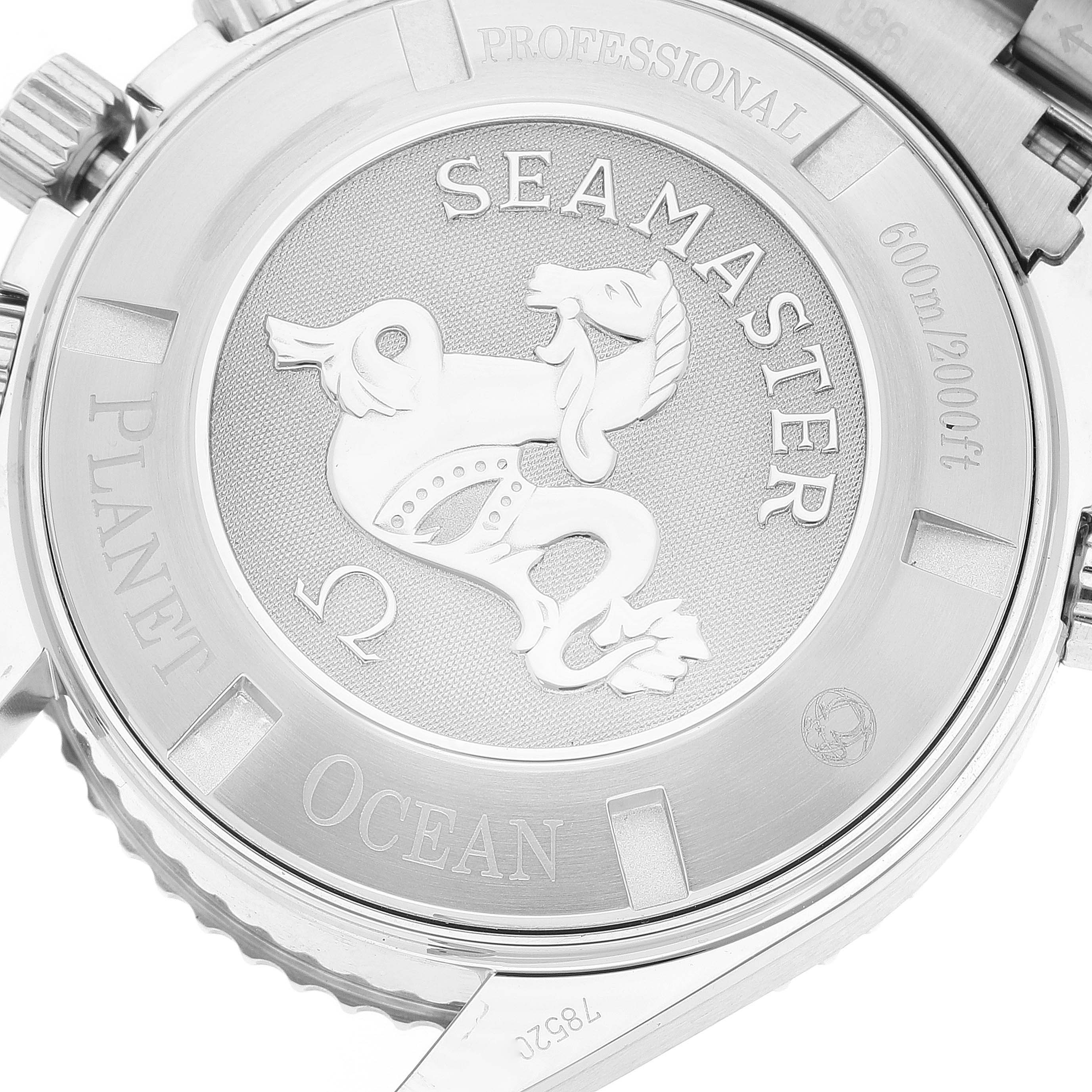This is the back case of the Omega Planet Ocean 2210.50.00 Men
s Stainless Steel Black Dial 2210.50.00 Men
s Stainless Steel Black Dial Seamaster watch, featuring engraved details and the seahorse logo.