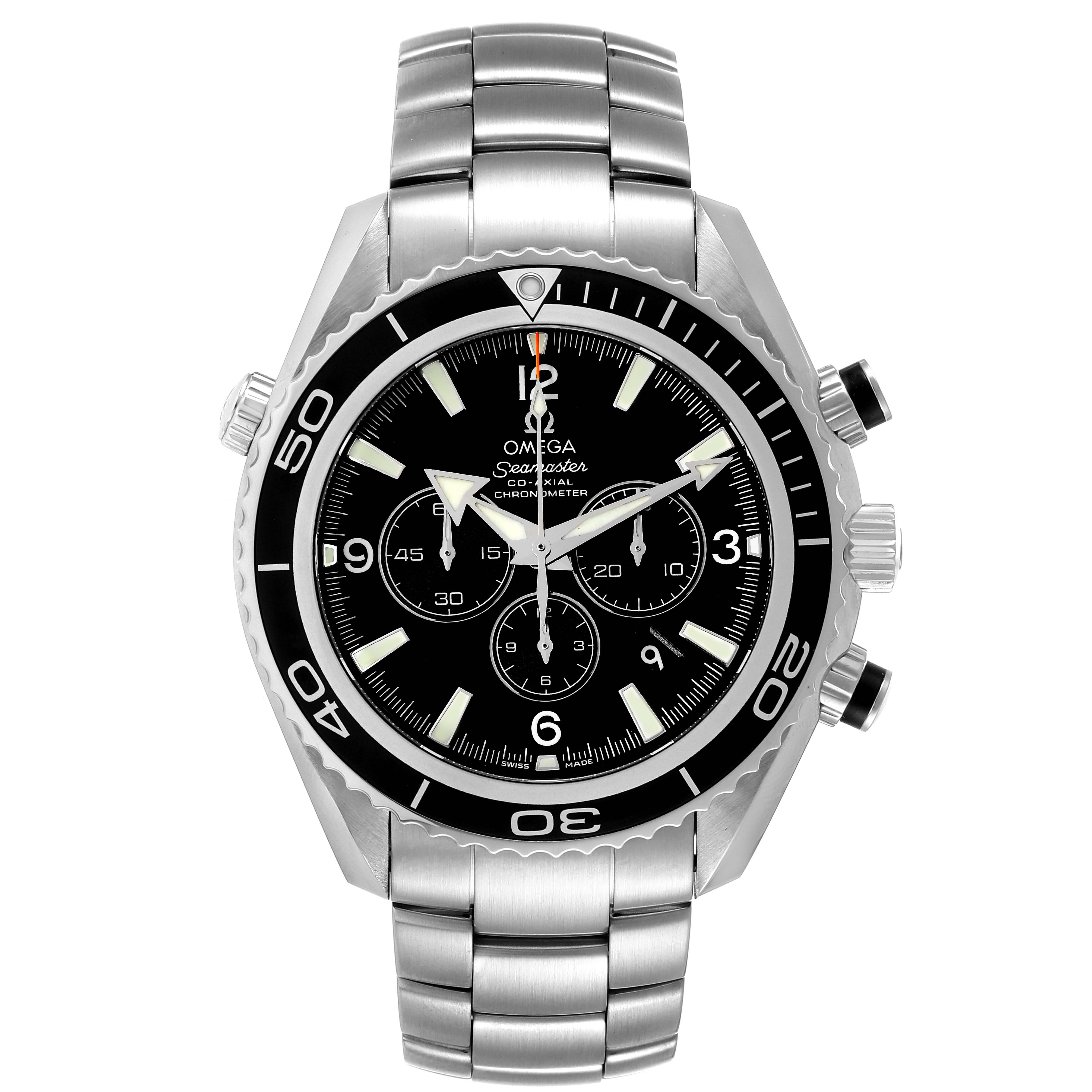 The image shows a front view of the Omega Planet Ocean 2210.50.00 Men
s Stainless Steel Black Dial 2210.50.00 Men
s Stainless Steel Black Dial watch with its stainless steel bracelet and black dial with subdials.
