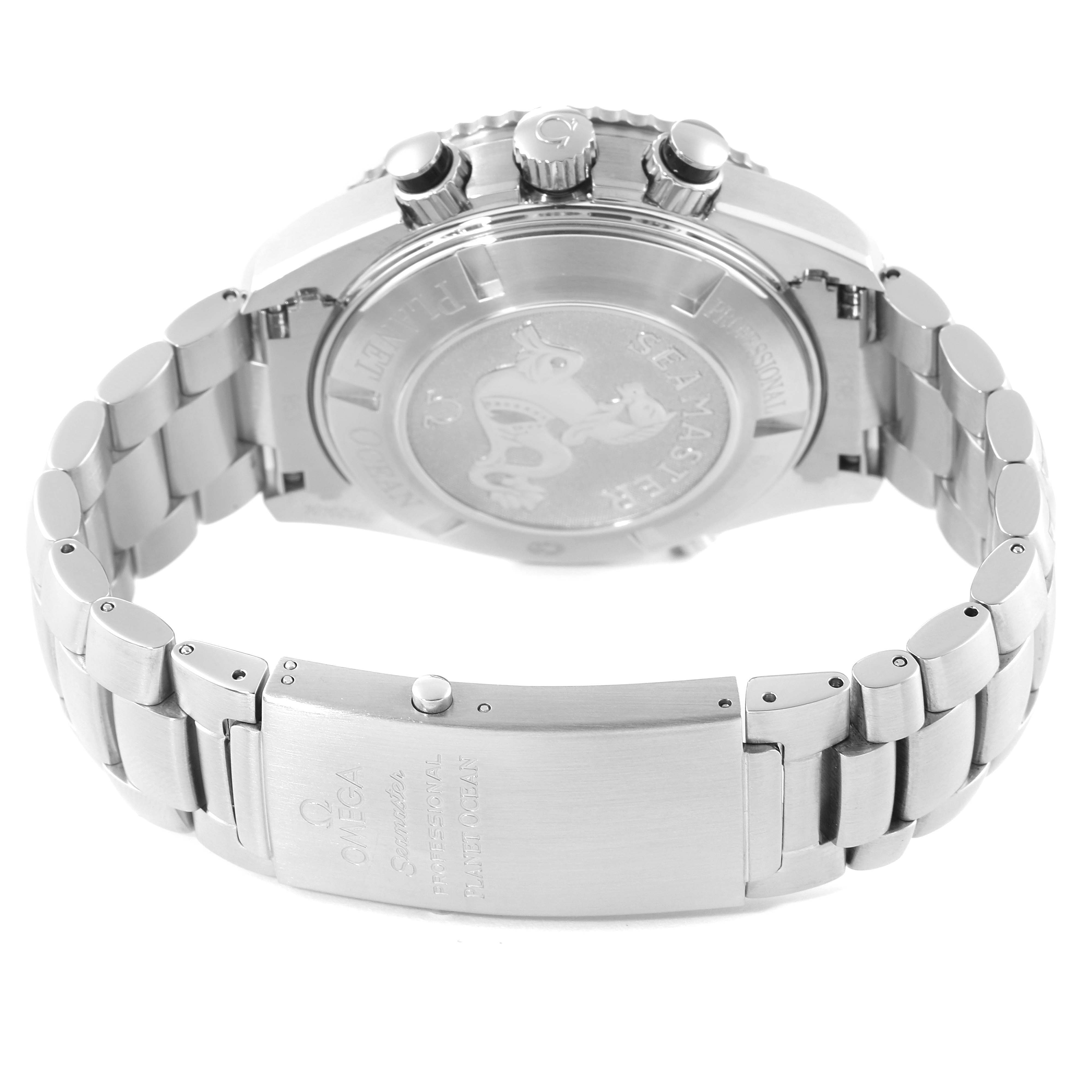 The image shows the back view of an Omega Planet Ocean 2210.50.00 Men
s Stainless Steel Black Dial 2210.50.00 Men
s Stainless Steel Black Dial watch, highlighting its bracelet, clasp, and case back.