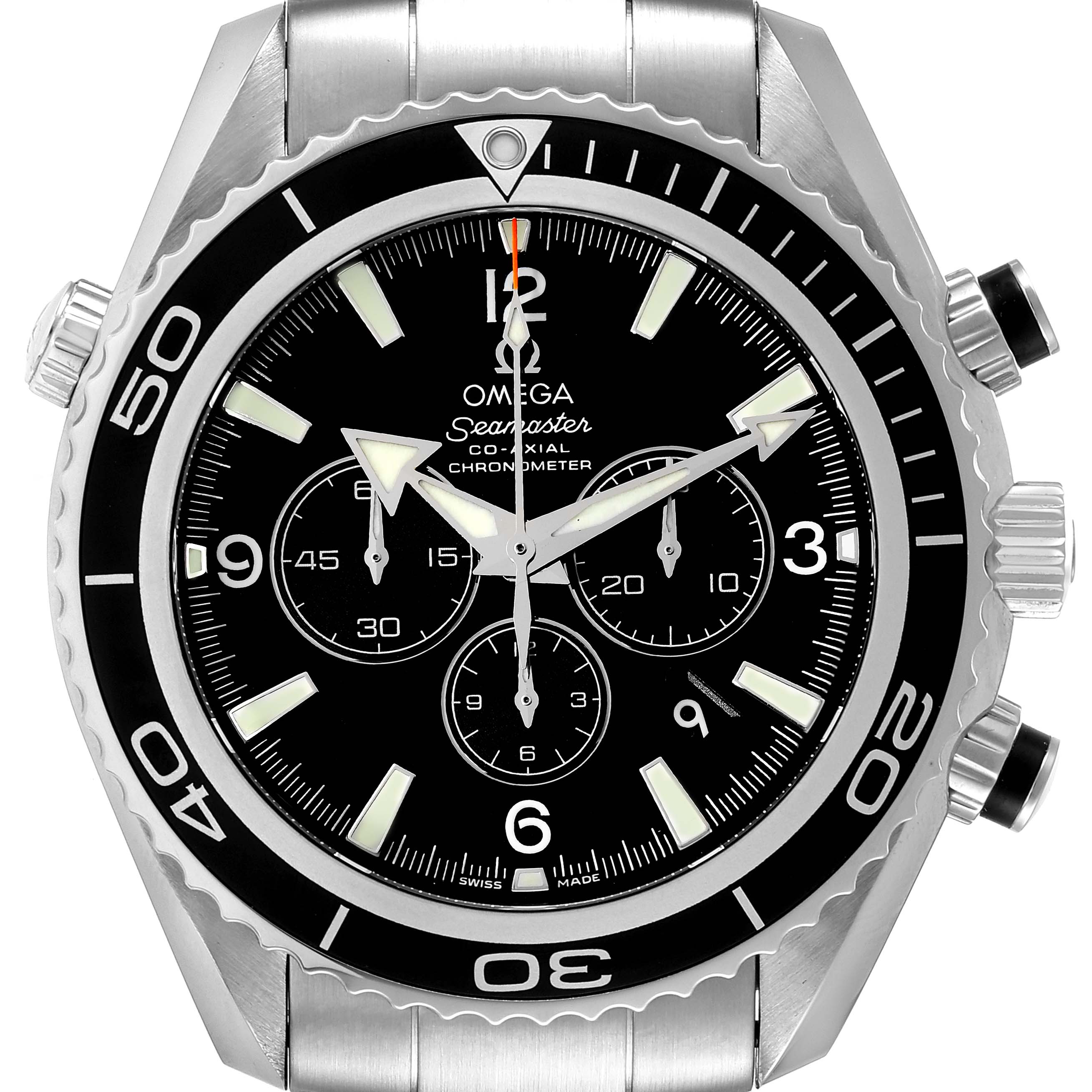 This is a front view of the Omega Planet Ocean 2210.50.00 Men
s Stainless Steel Black Dial 2210.50.00 Men
s Stainless Steel Black Dial model, showcasing the dial, bezel, and chronograph buttons.