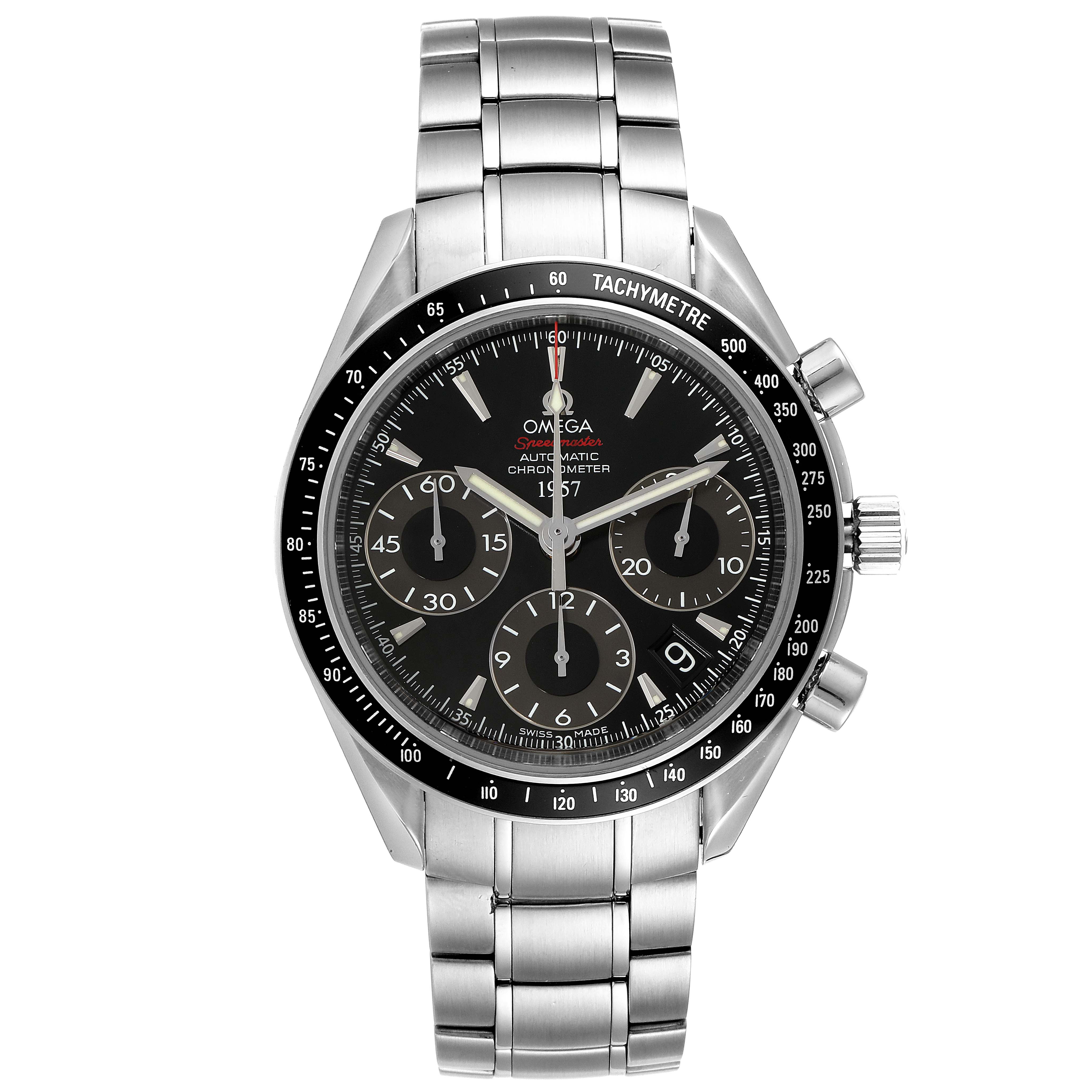 This image shows a front view of an Omega Speedmaster 323.30.40.40.01.001 Men's Stainless Steel Black Dial 323.30.40.40.01.001 Men's Stainless Steel Black Dial watch, highlighting its dial, tachymeter bezel, and stainless steel bracelet.