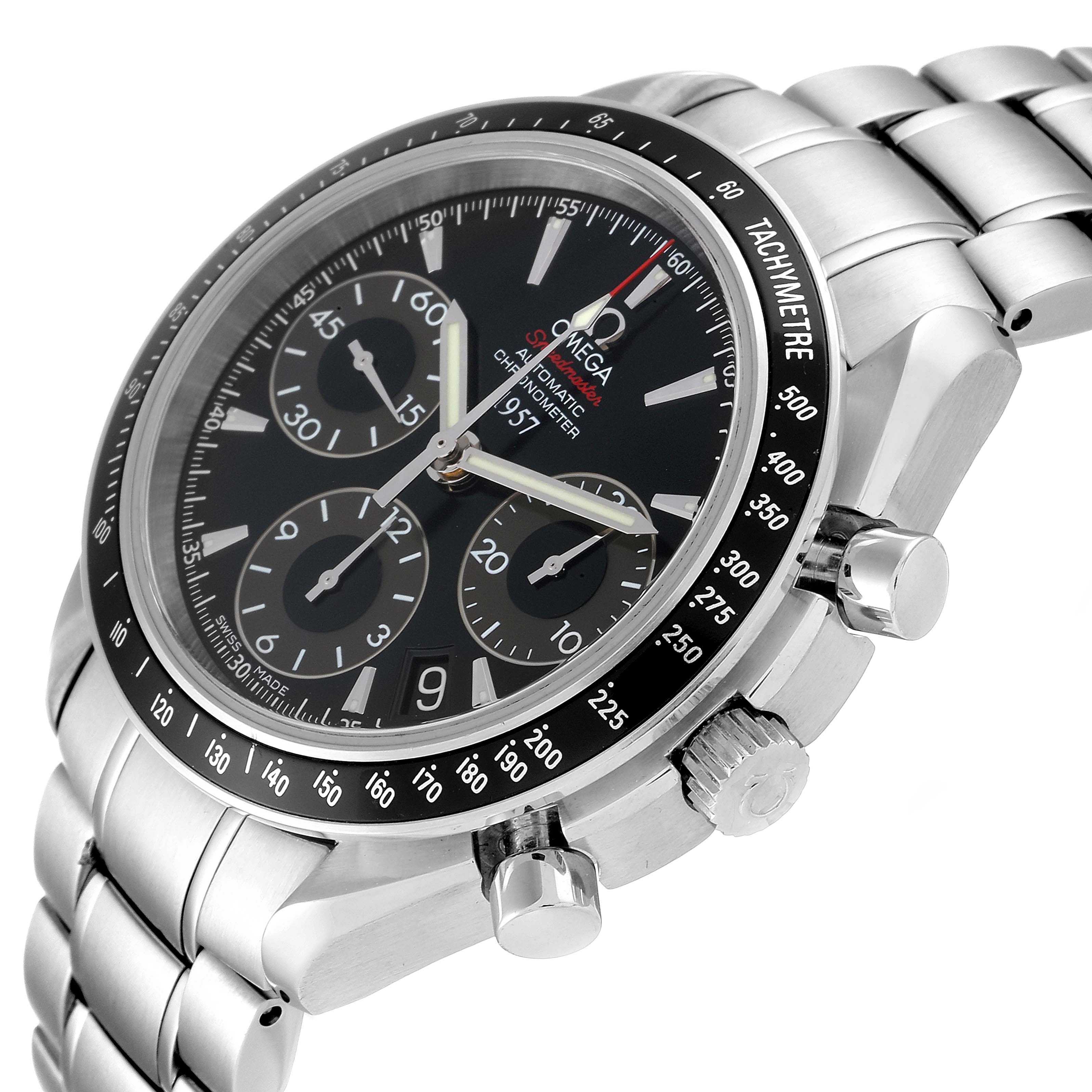 The image shows an Omega Speedmaster 323.30.40.40.01.001 Men's Stainless Steel Black Dial 323.30.40.40.01.001 Men's Stainless Steel Black Dial watch at an angle highlighting the face, bezel, pushers, and metal bracelet.