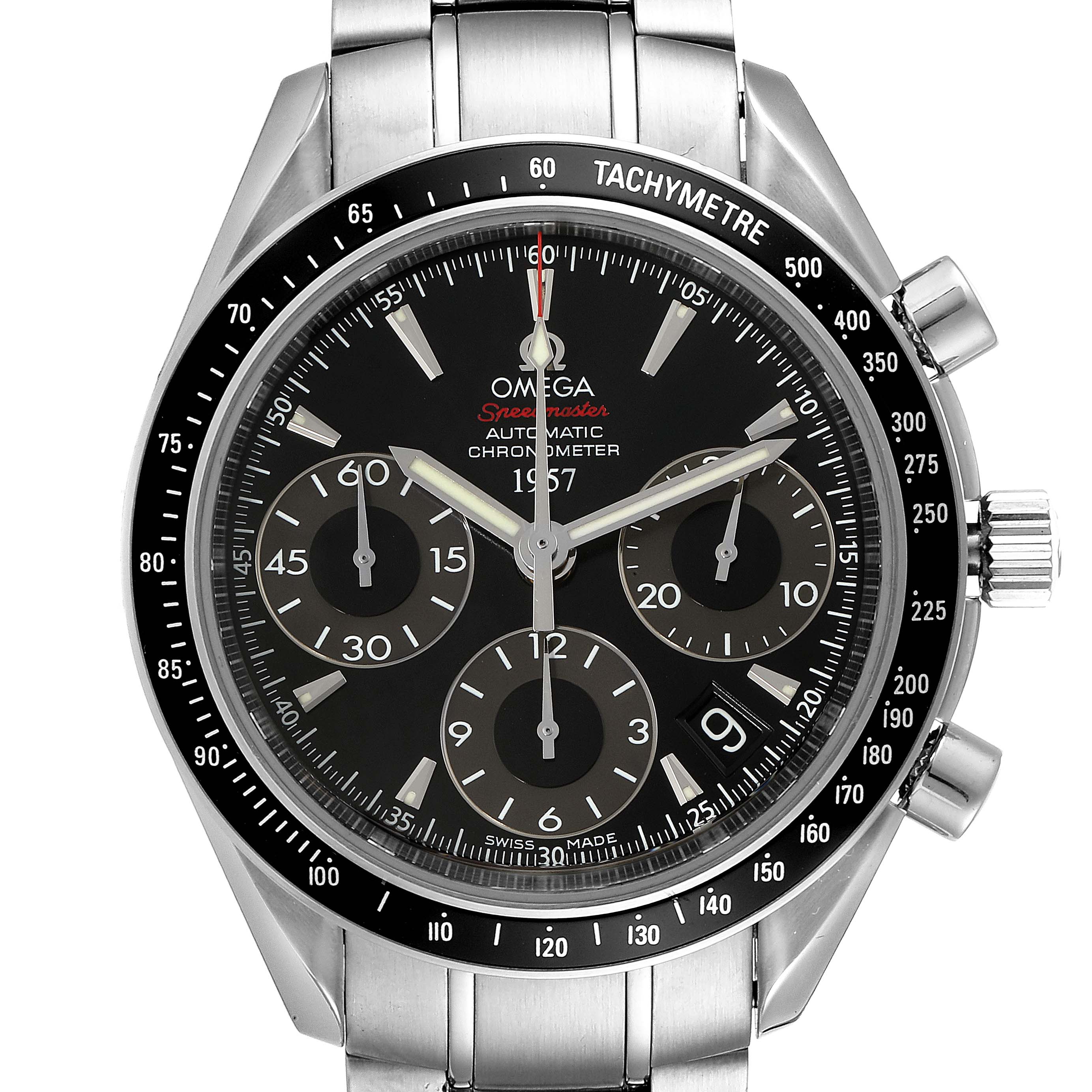 The image shows a front view of an Omega Speedmaster 323.30.40.40.01.001 Men's Stainless Steel Black Dial 323.30.40.40.01.001 Men's Stainless Steel Black Dial watch, highlighting the dial, crown, pushers, and tachymeter bezel.