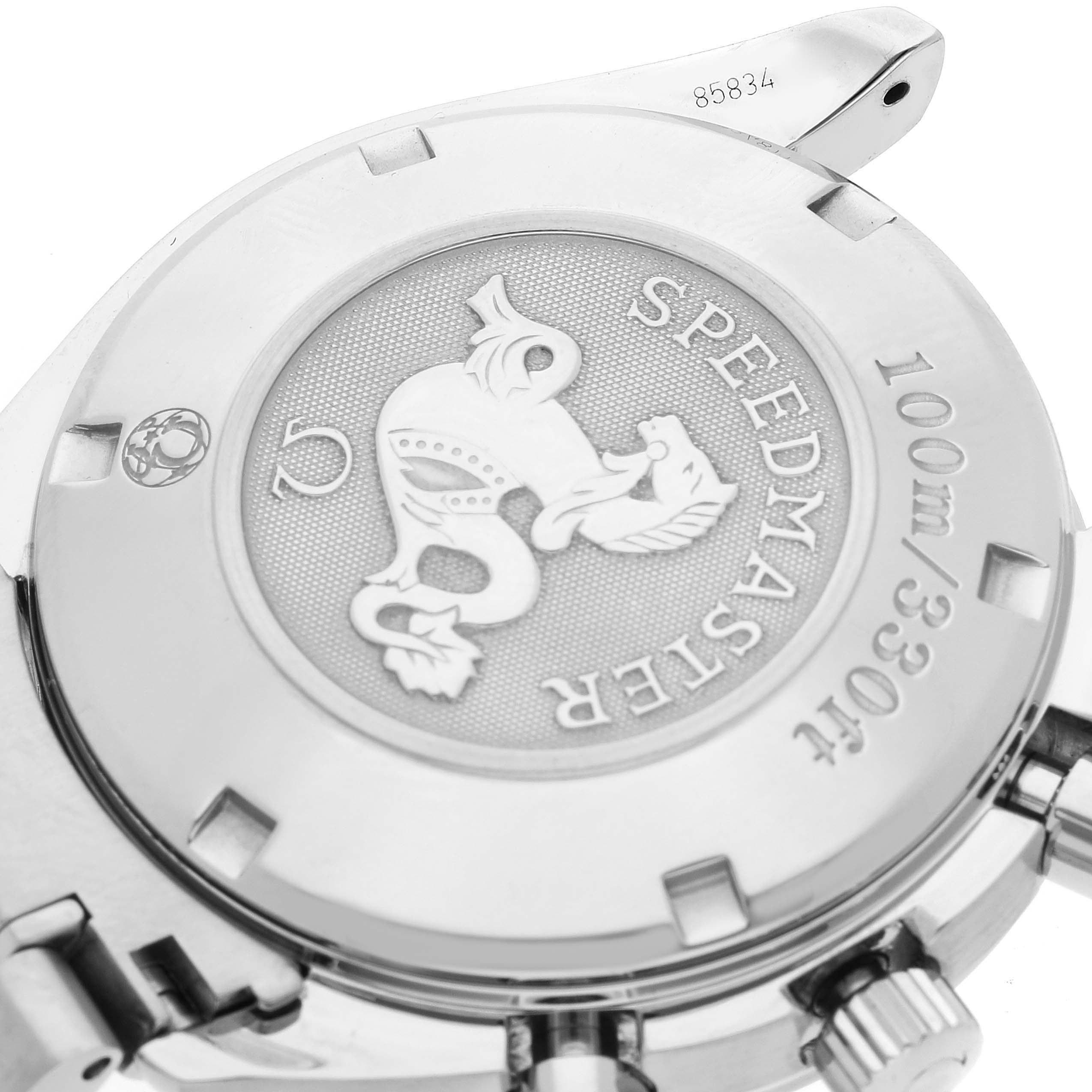 The image shows the back and side of an Omega Speedmaster 3211.31.00 Men's Steel and Gold (two tone) Silver Dial 3211.31.00 Men's Steel and Gold (two tone) Silver Dial watch, highlighting its case back with "Speedmaster" engraving and crown.