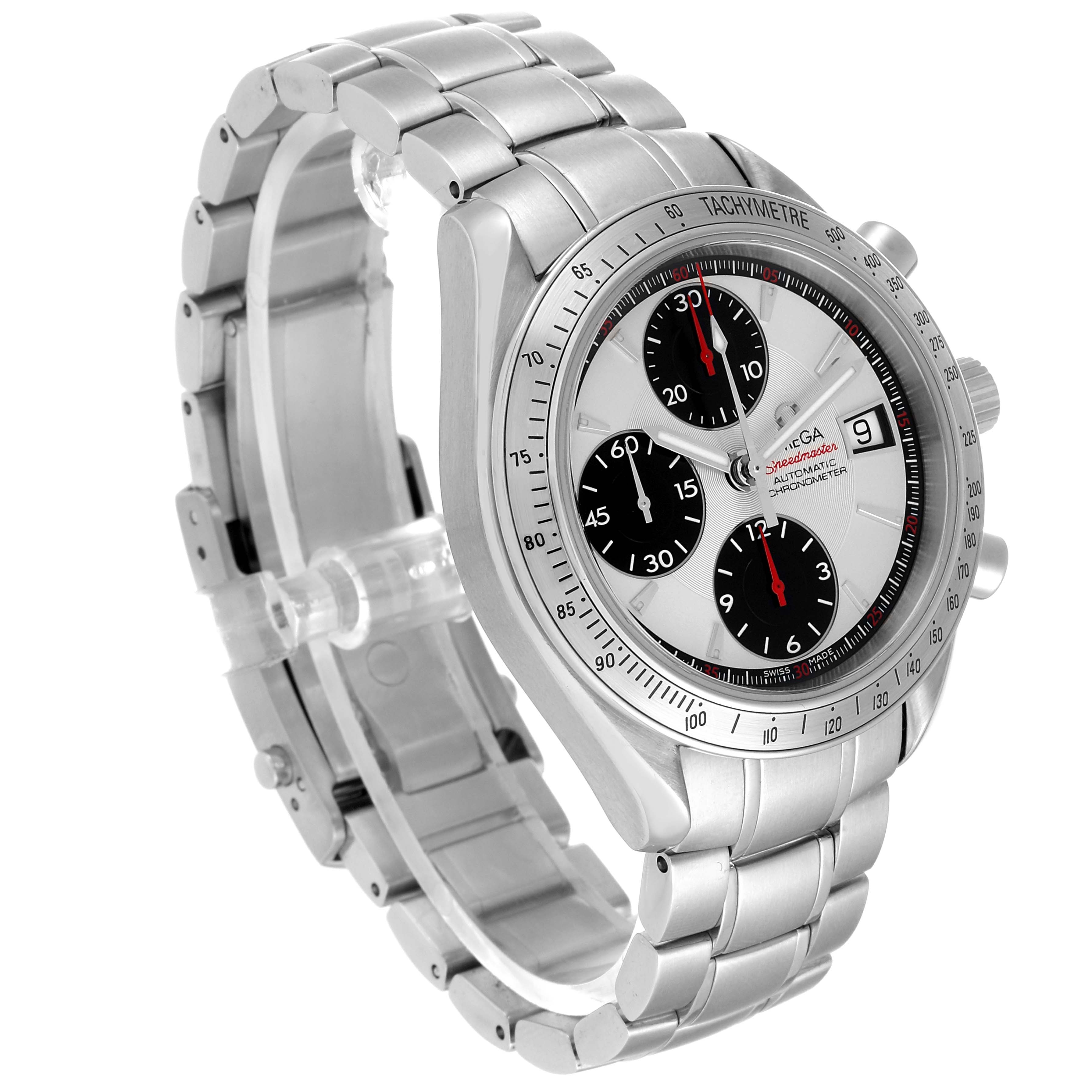 The Omega Speedmaster 3211.31.00 Men's Steel and Gold (two tone) Silver Dial 3211.31.00 Men's Steel and Gold (two tone) Silver Dial watch is shown at an angled view, highlighting its stainless steel bracelet, tachymeter bezel, and chronograph sub-dials.