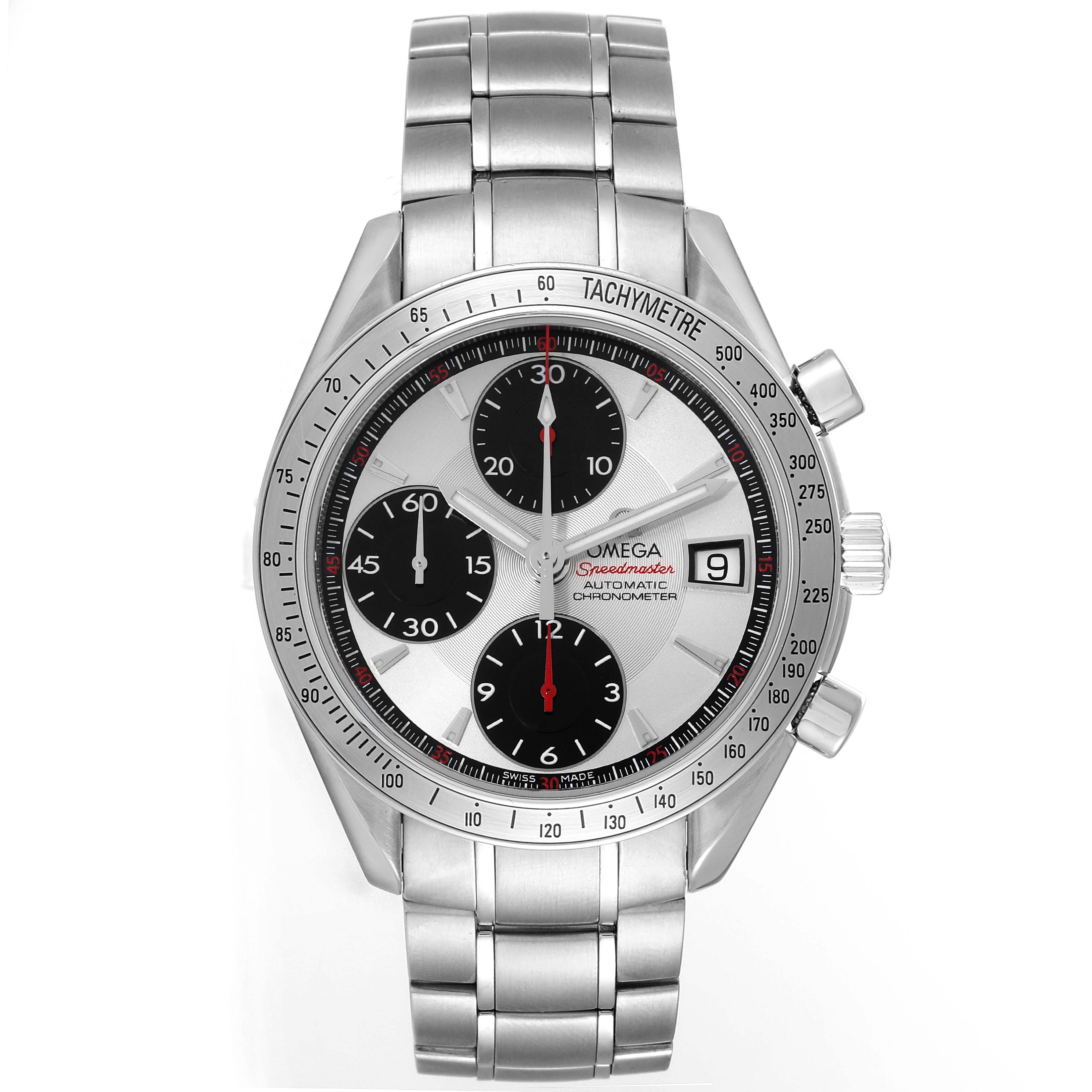 The Omega Speedmaster 3211.31.00 Men's Steel and Gold (two tone) Silver Dial 3211.31.00 Men's Steel and Gold (two tone) Silver Dial watch is shown from a front view, displaying its dial, sub-dials, bracelet, and side buttons.