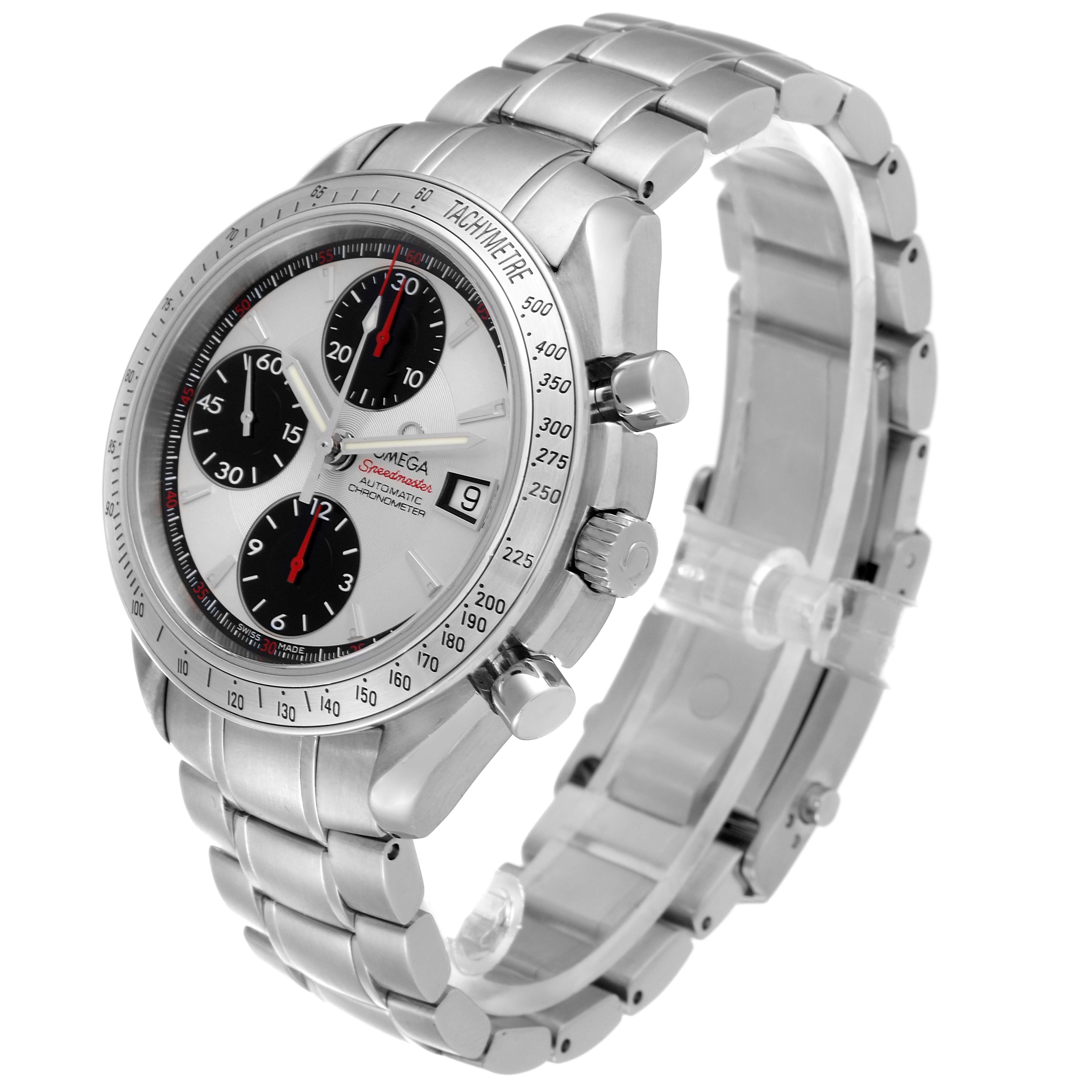 The Omega Speedmaster 3211.31.00 Men's Steel and Gold (two tone) Silver Dial 3211.31.00 Men's Steel and Gold (two tone) Silver Dial watch is shown at a three-quarter angle, displaying its face, bezel, crown, pushers, and metal bracelet.