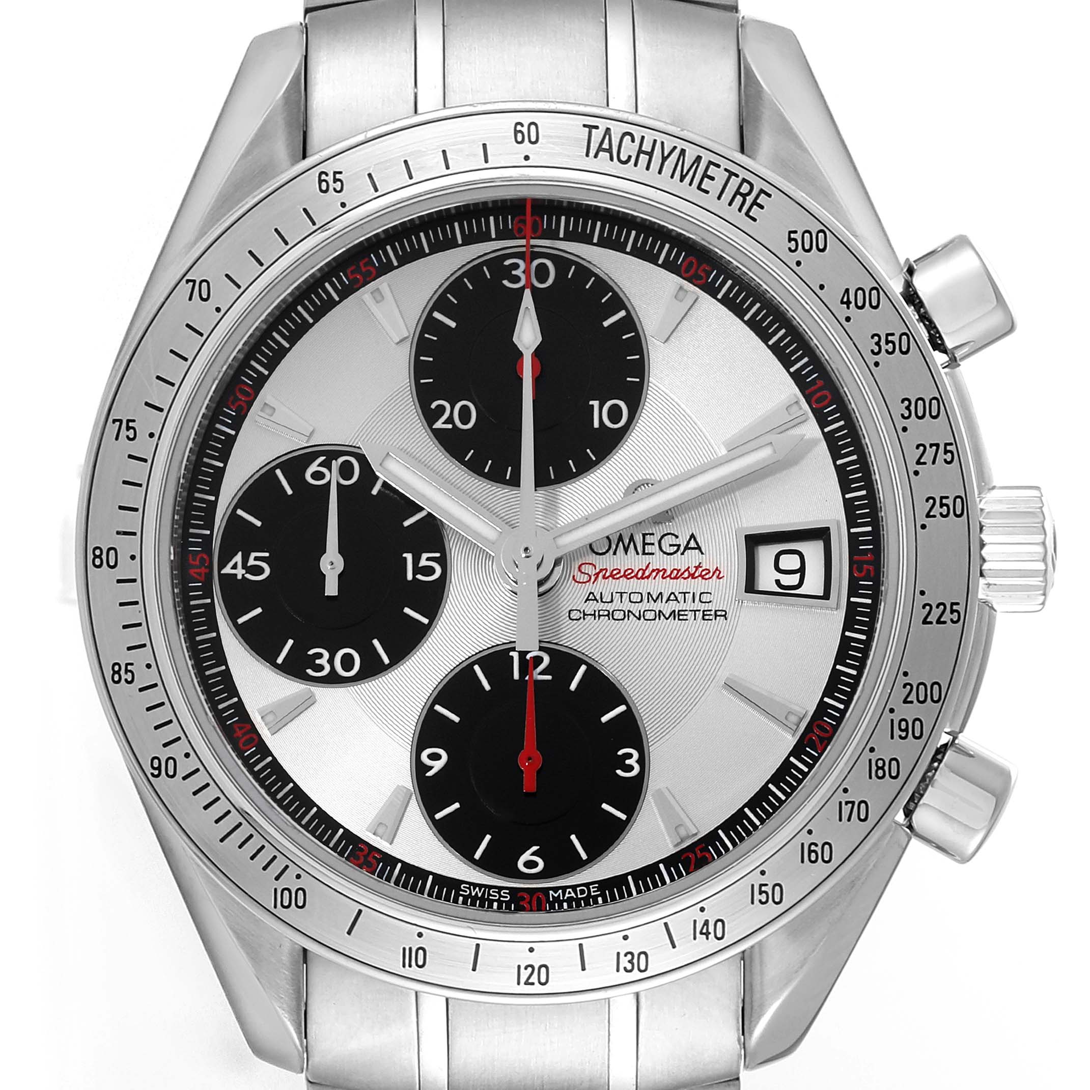 The image shows a frontal view of an Omega Speedmaster 3211.31.00 Men's Steel and Gold (two tone) Silver Dial 3211.31.00 Men's Steel and Gold (two tone) Silver Dial watch, displaying the dial, sub-dials, tachymeter bezel, date window, and crown.