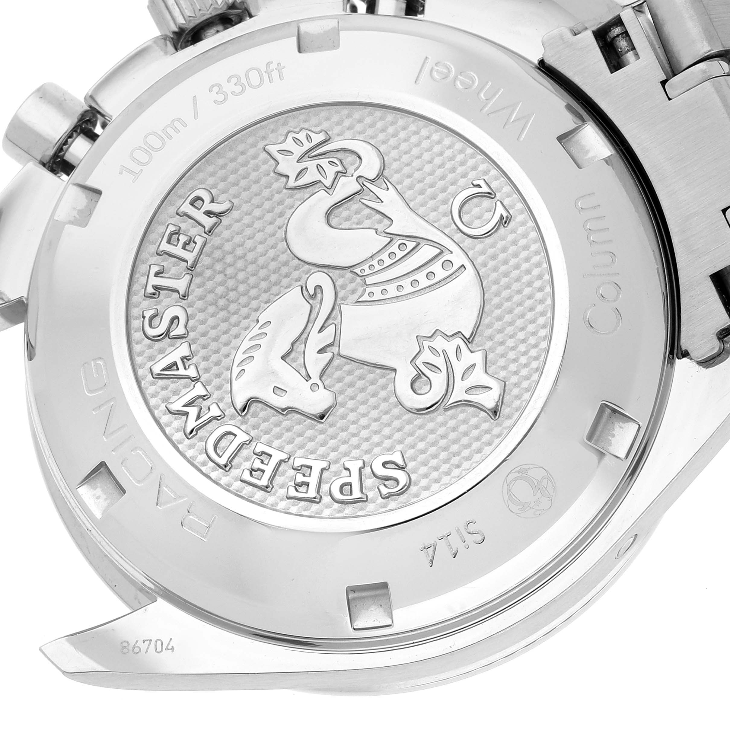 This image shows the back case of the Omega Speedmaster 326.30.40.50.01.001 Men
s Stainless Steel Black Dial 326.30.40.50.01.001 Men
s Stainless Steel Black Dial watch, highlighting the emblem, model name, and water resistance.