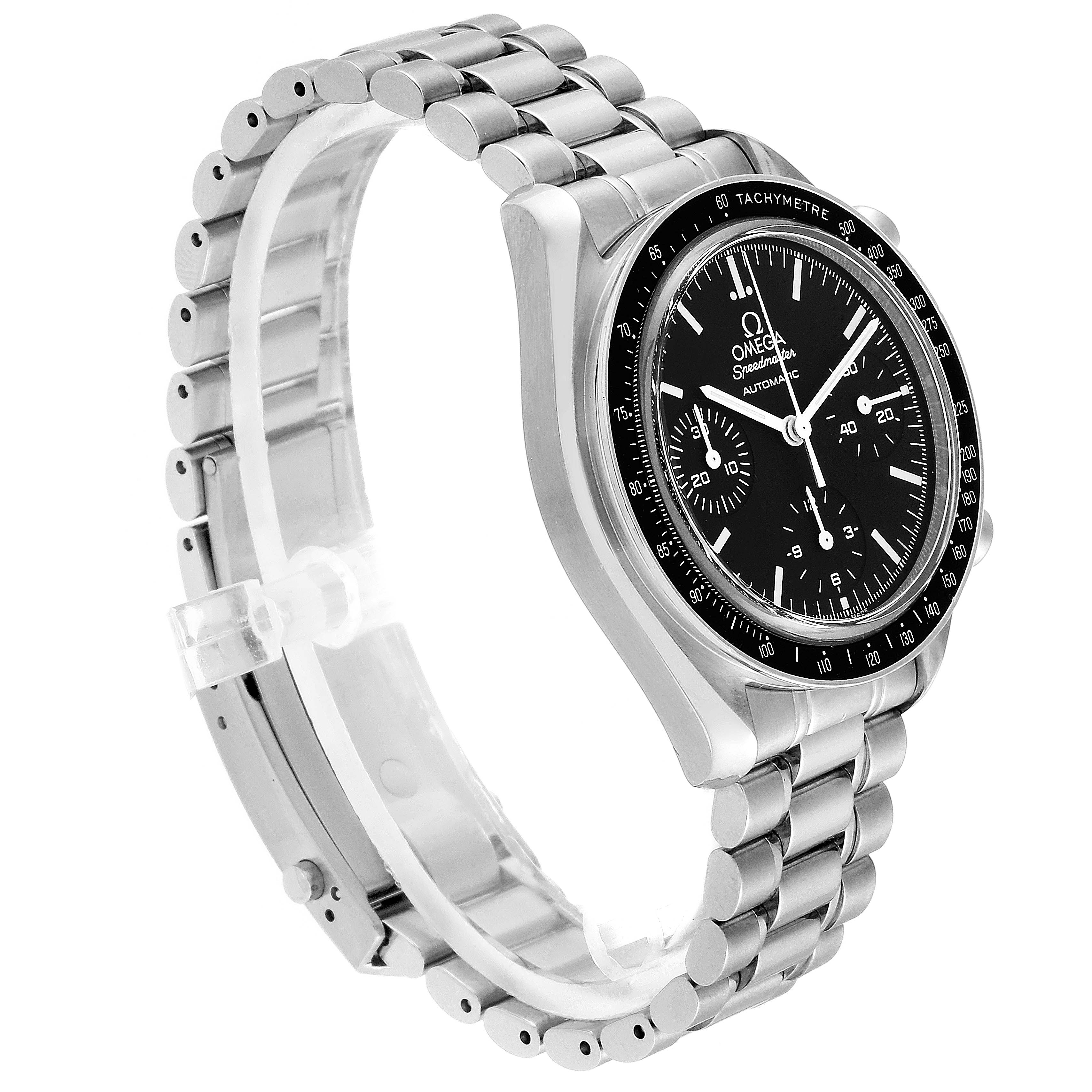 The image shows an Omega Speedmaster 3539.50.00 Men's Stainless Steel Black Dial 3539.50.00 Men's Stainless Steel Black Dial watch at a 3/4 angle, highlighting the face, bezel, and metallic bracelet.
