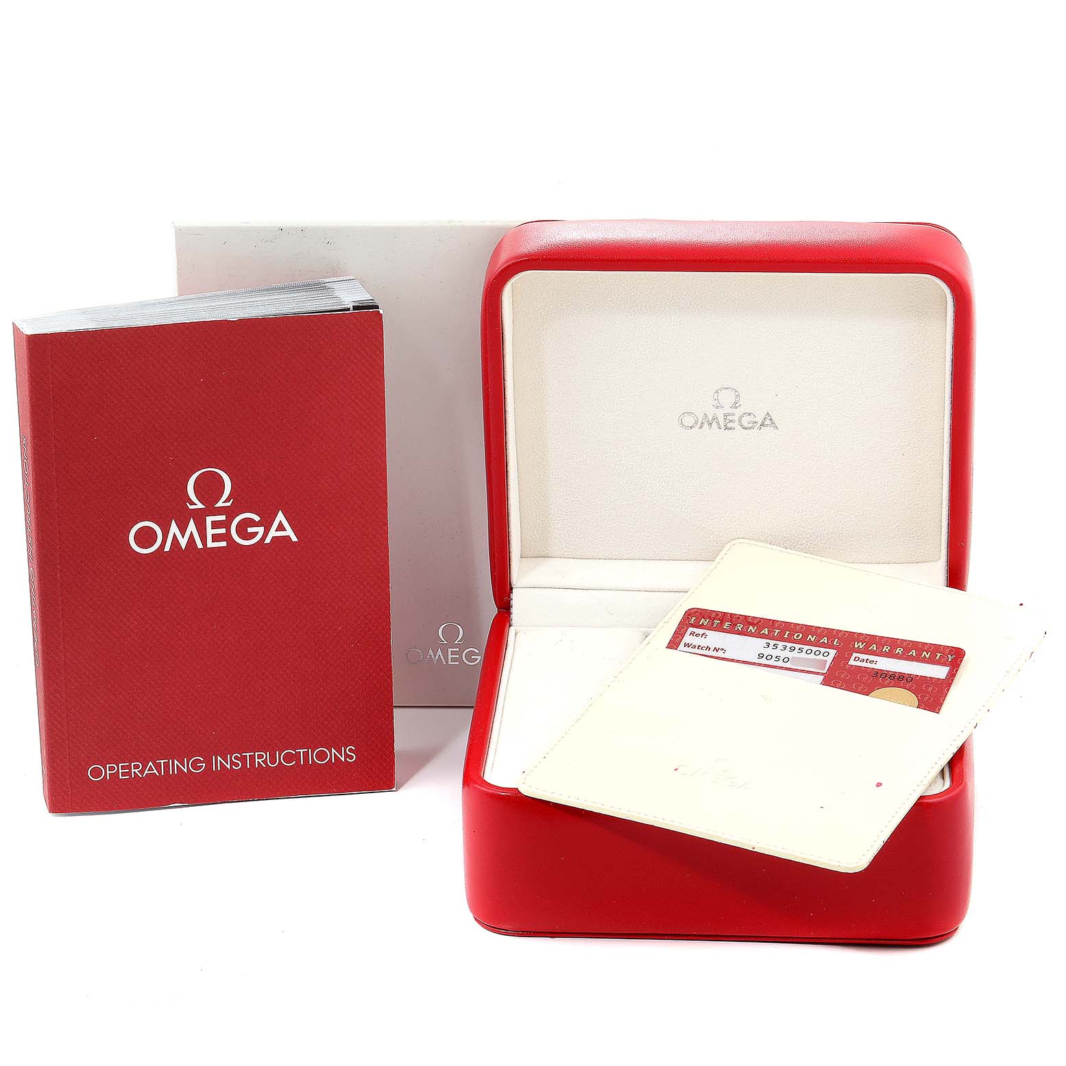 This image displays the packaging, warranty, and operating instructions for an Omega Speedmaster 3539.50.00 Men's Stainless Steel Black Dial 3539.50.00 Men's Stainless Steel Black Dial watch.