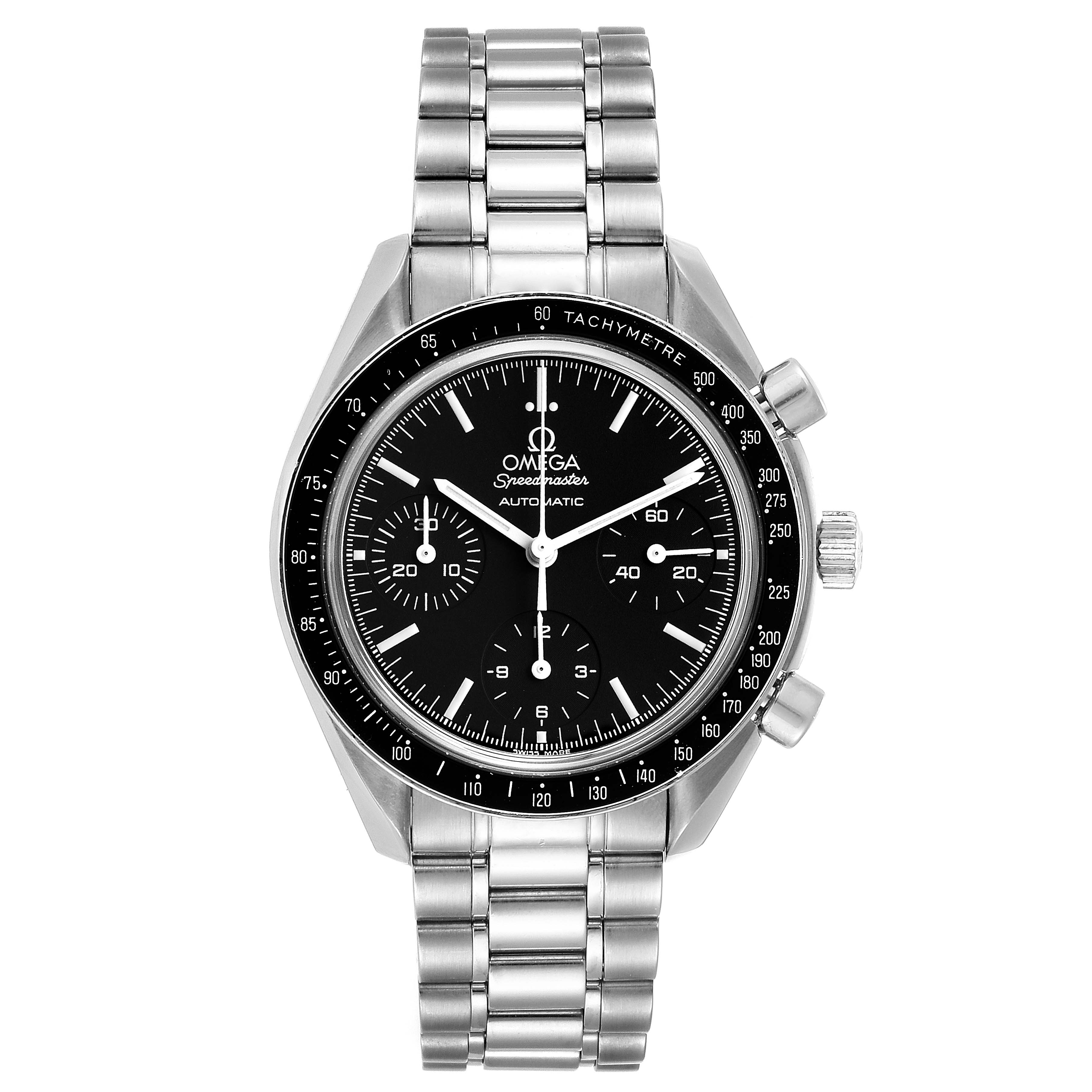 The image shows a front view of an Omega Speedmaster 3539.50.00 Men's Stainless Steel Black Dial 3539.50.00 Men's Stainless Steel Black Dial watch, highlighting its dial, bezel, and bracelet.
