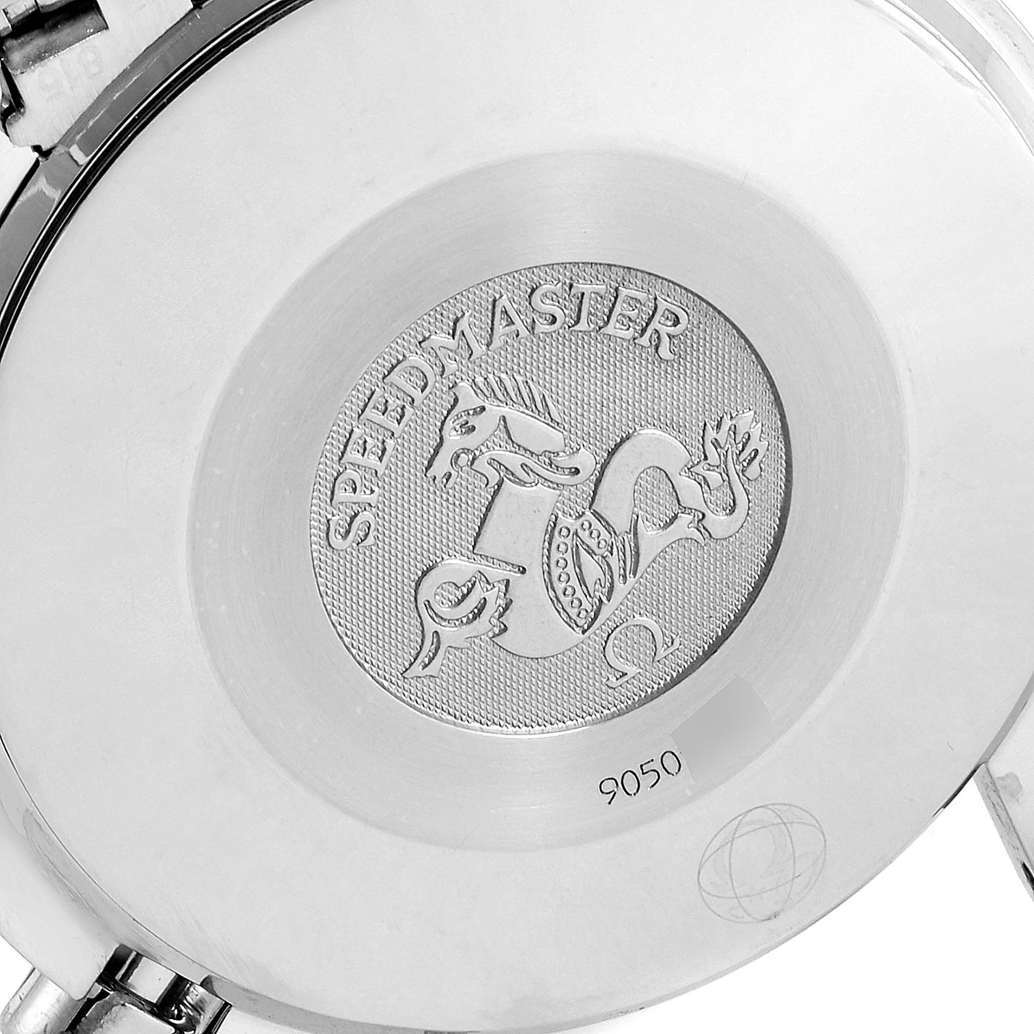 The image shows the case back of an Omega Speedmaster 3539.50.00 Men's Stainless Steel Black Dial 3539.50.00 Men's Stainless Steel Black Dial watch, featuring the engraved Speedmaster logo and some text details.