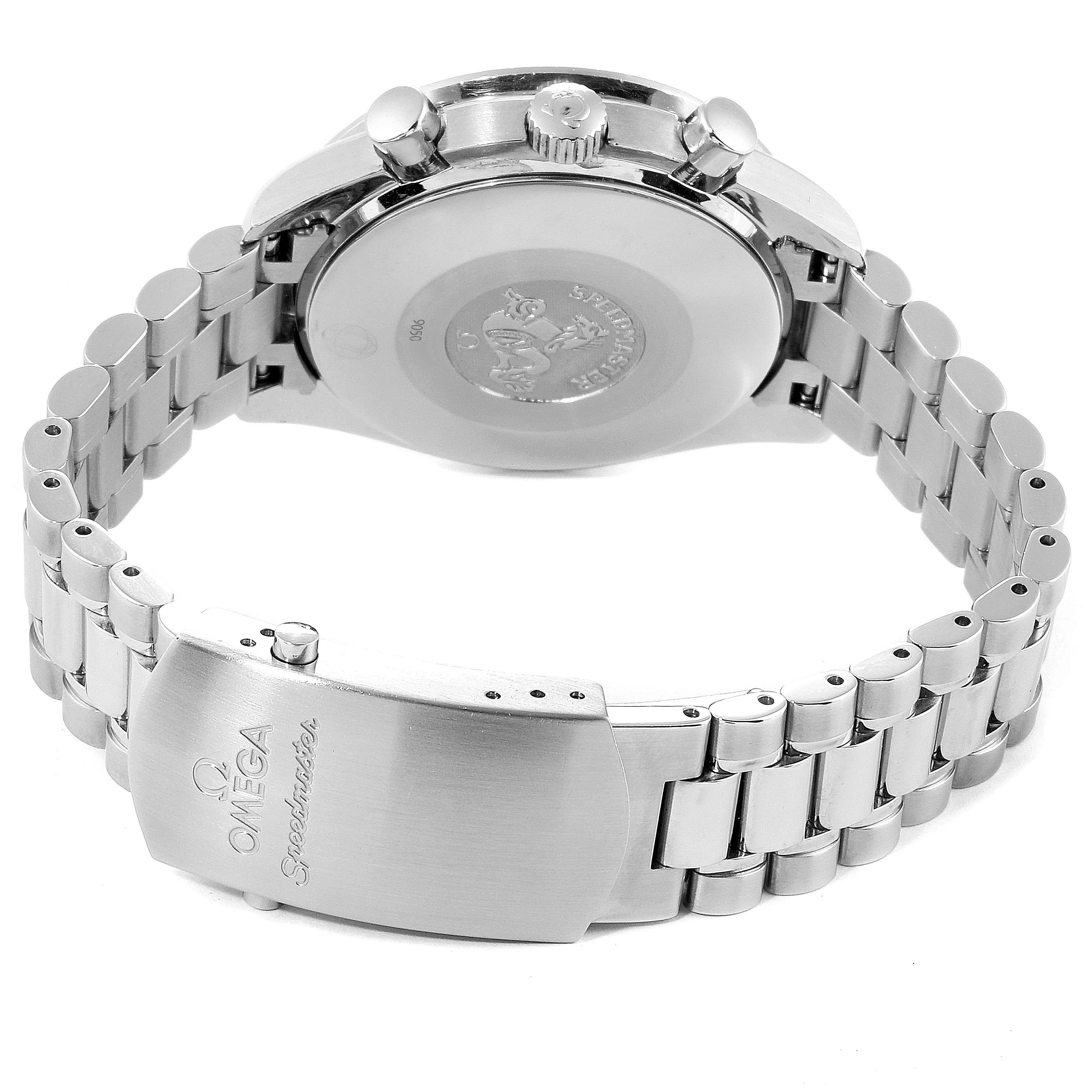 This image shows the back and bracelet clasp of an Omega Speedmaster 3539.50.00 Men's Stainless Steel Black Dial 3539.50.00 Men's Stainless Steel Black Dial watch, including the case, crown, pushers, and branding on the clasp.