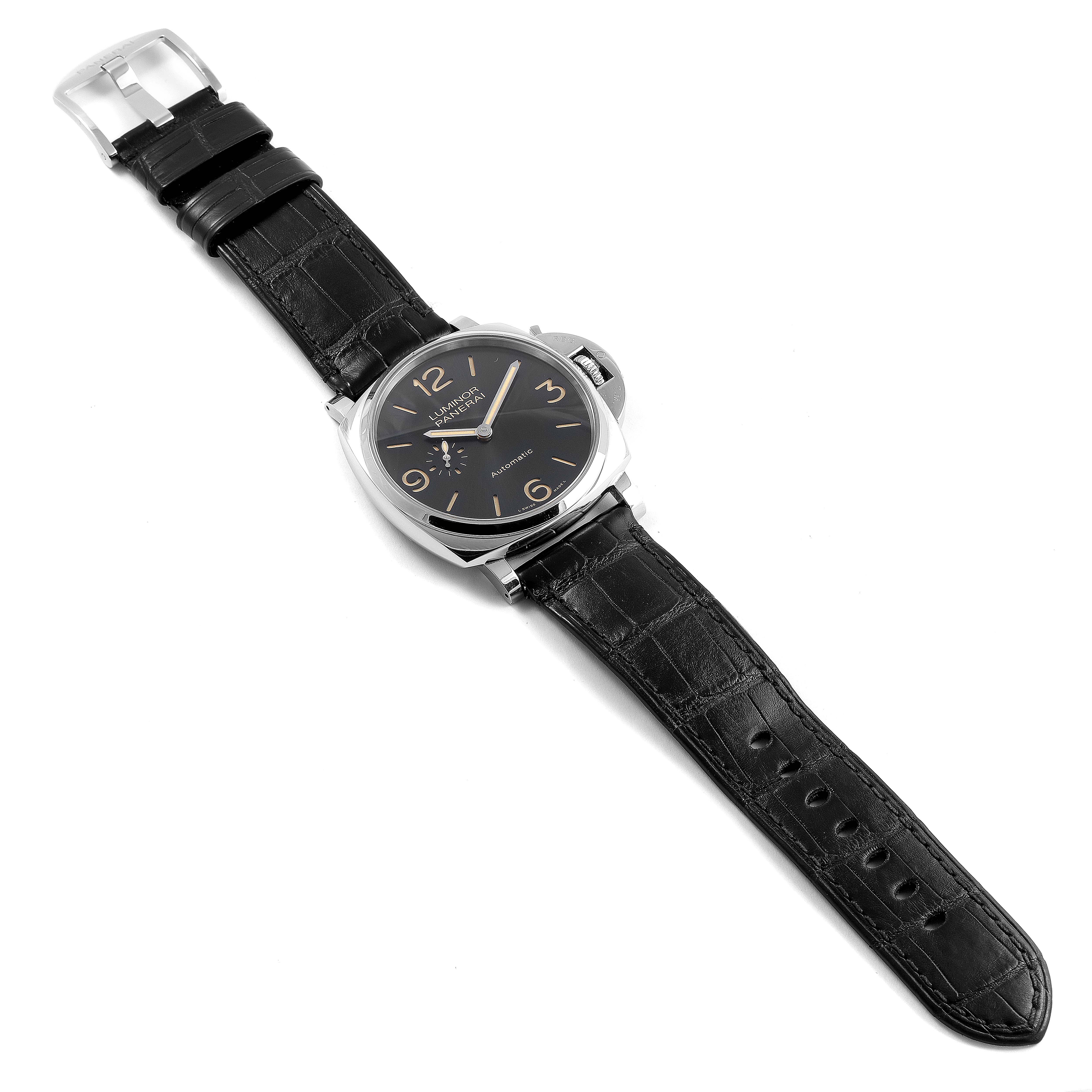 The Panerai Luminor Due PAM00674 Men's Stainless Steel Black Dial PAM00674 Men's Stainless Steel Black Dial watch is shown from an overhead angle, displaying its black dial, case, and black leather strap.