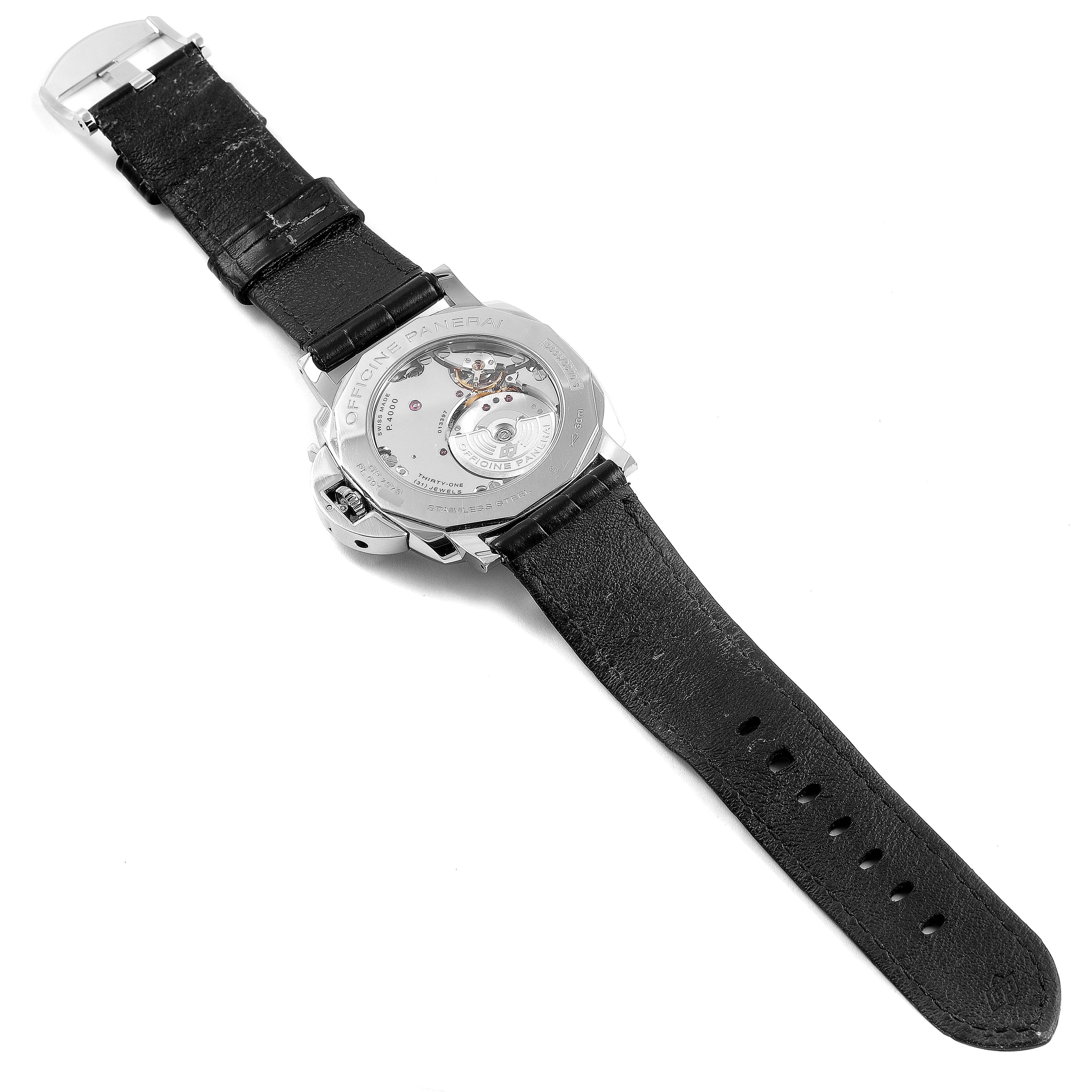 The image shows the back view of a Panerai Luminor Due PAM00674 Men's Stainless Steel Black Dial PAM00674 Men's Stainless Steel Black Dial watch, highlighting its movement through the transparent case back and black strap.