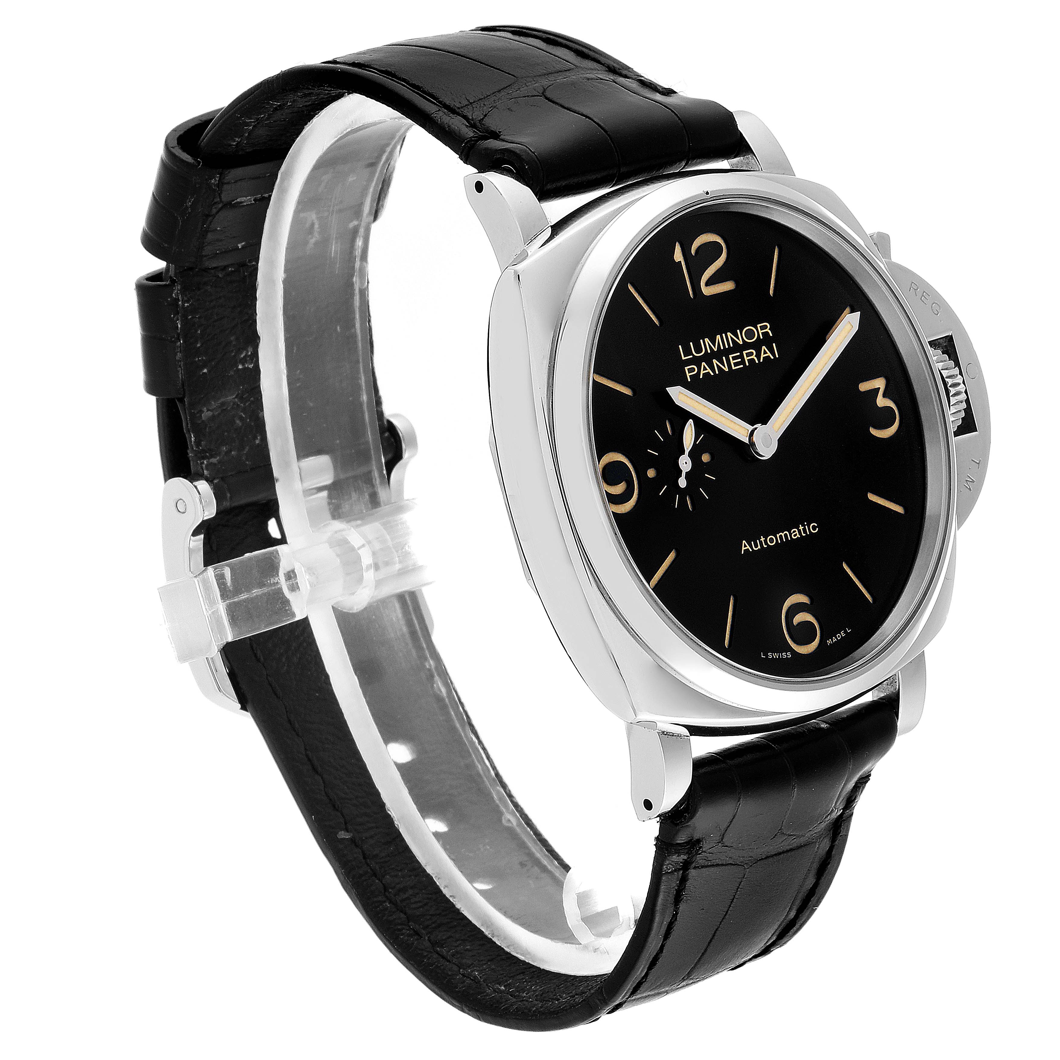 The image shows a side angle view of a Panerai Luminor Due PAM00674 Men's Stainless Steel Black Dial PAM00674 Men's Stainless Steel Black Dial watch, highlighting its black leather strap and black dial.