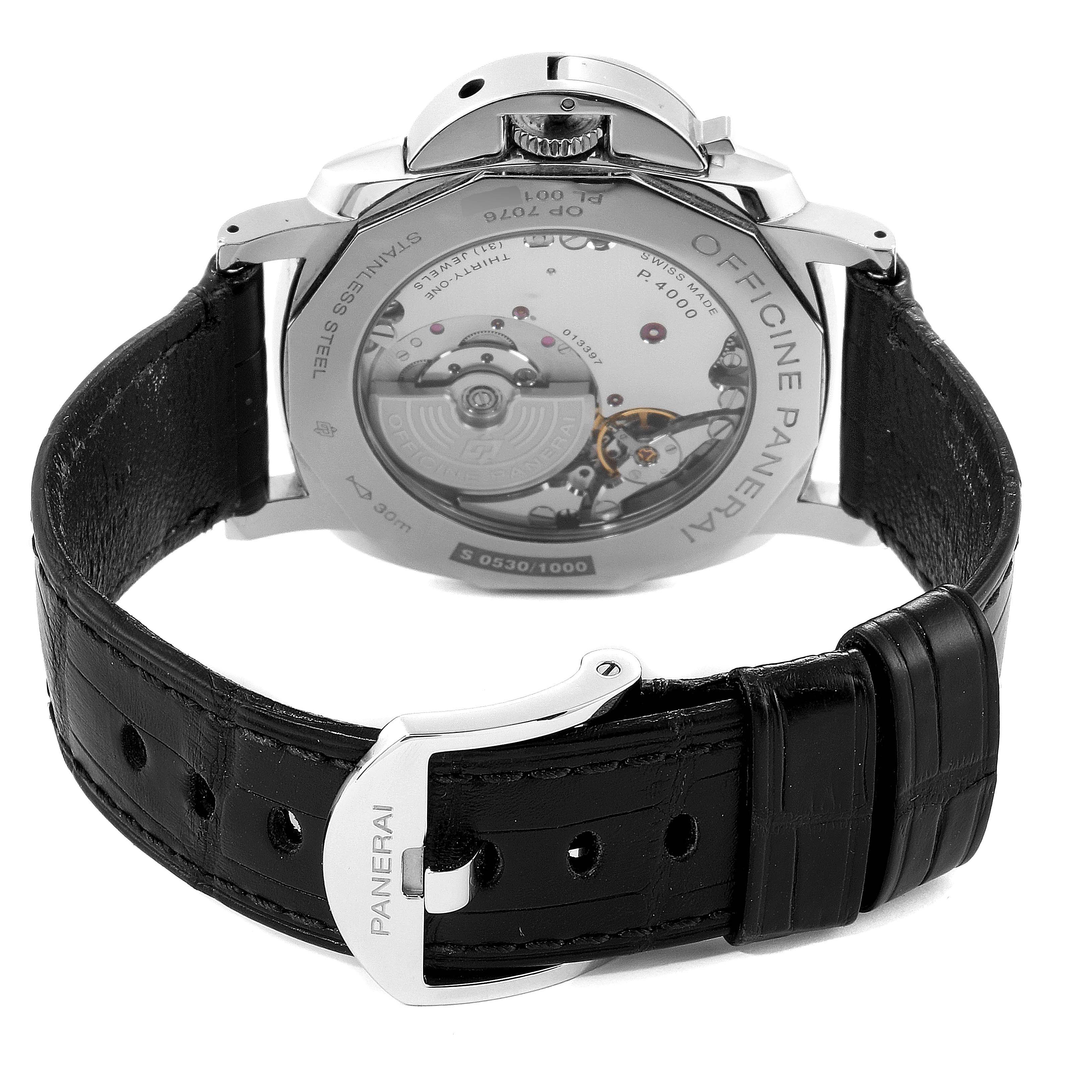The image shows the back view of a Panerai Luminor Due PAM00674 Men's Stainless Steel Black Dial PAM00674 Men's Stainless Steel Black Dial watch, displaying its open case back and black leather strap.