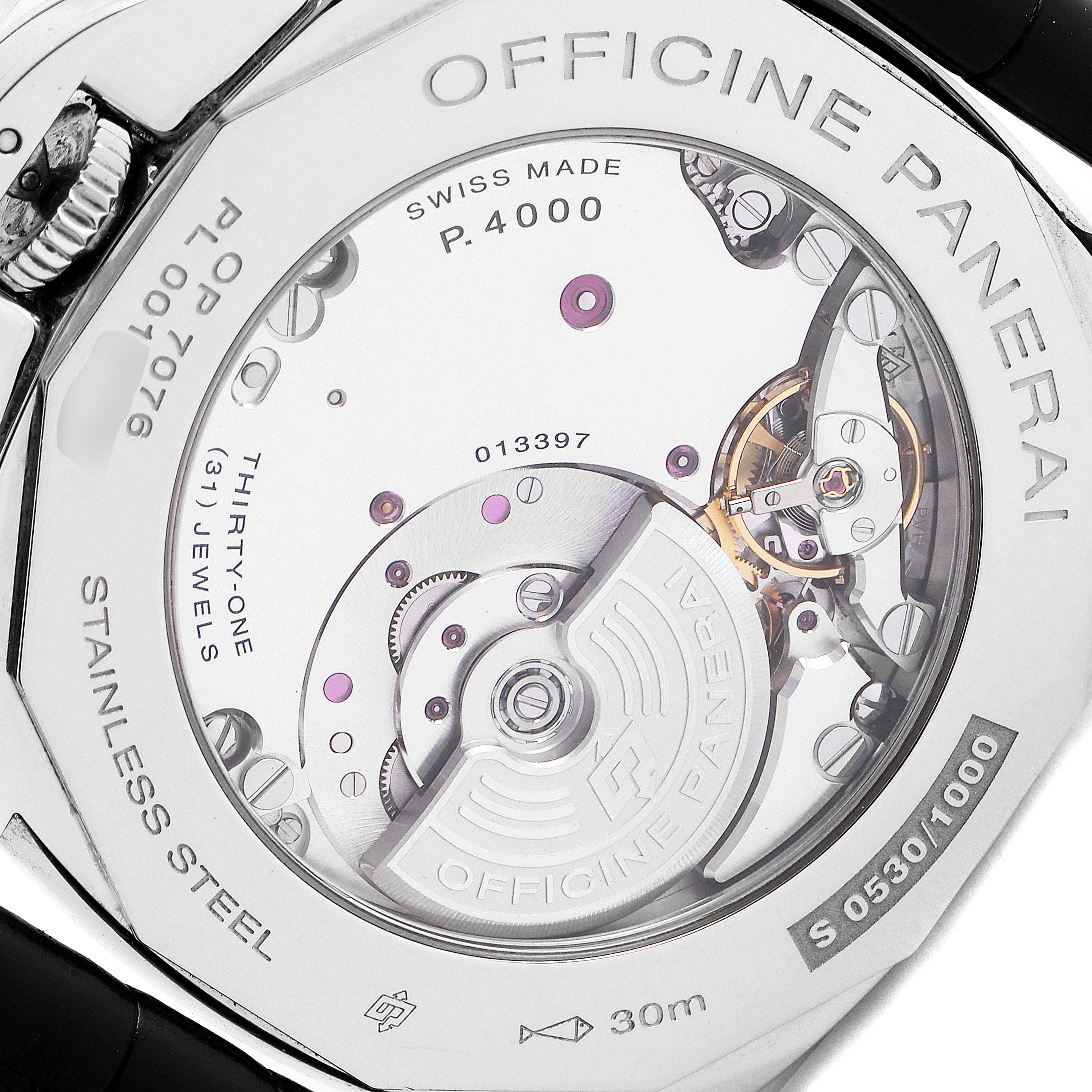 The image shows the back view of a Panerai Luminor Due PAM00674 Men's Stainless Steel Black Dial PAM00674 Men's Stainless Steel Black Dial watch, highlighting its internal mechanical components.