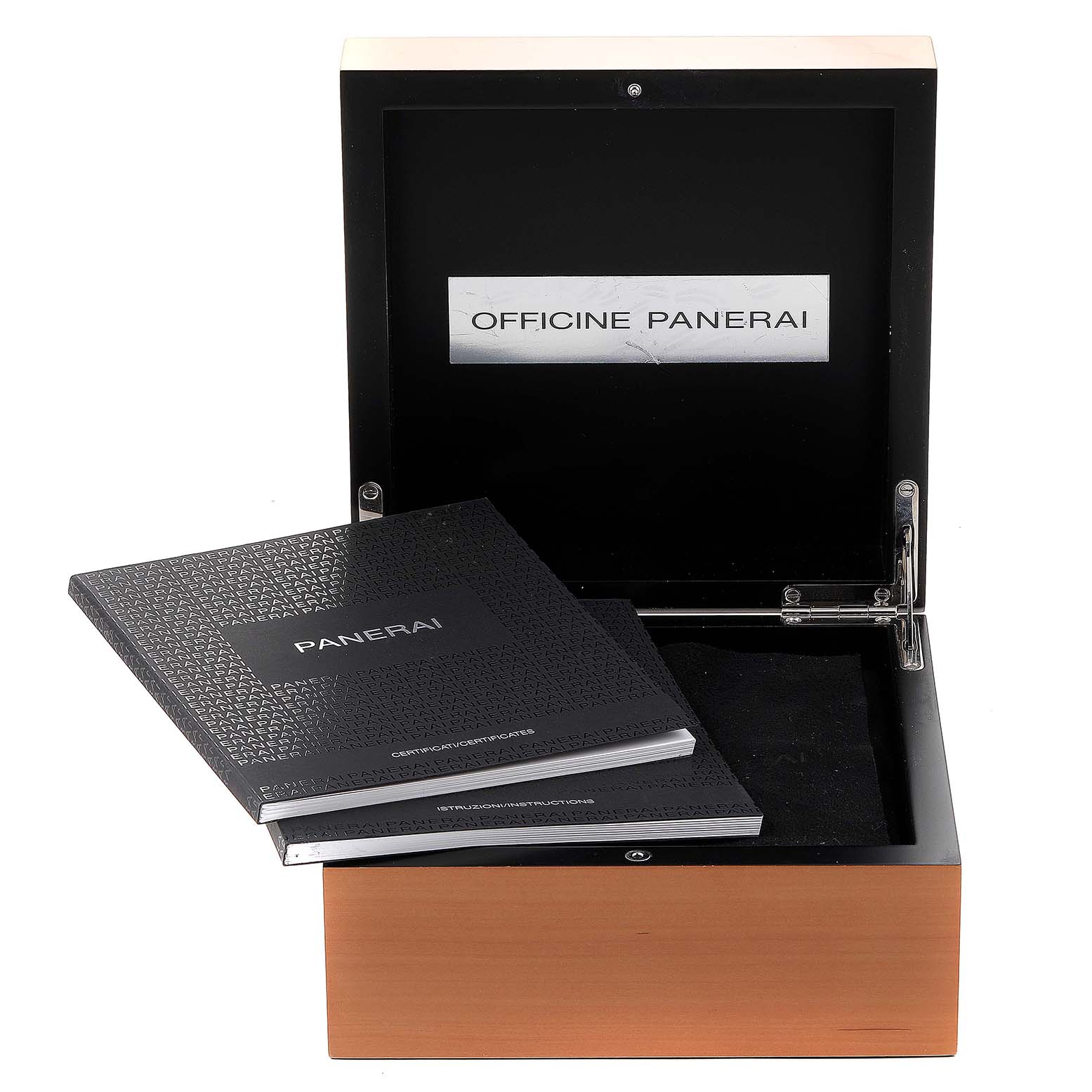 The image shows an open wood and metal Panerai box with Panerai booklets, likely for the Luminor Due model.