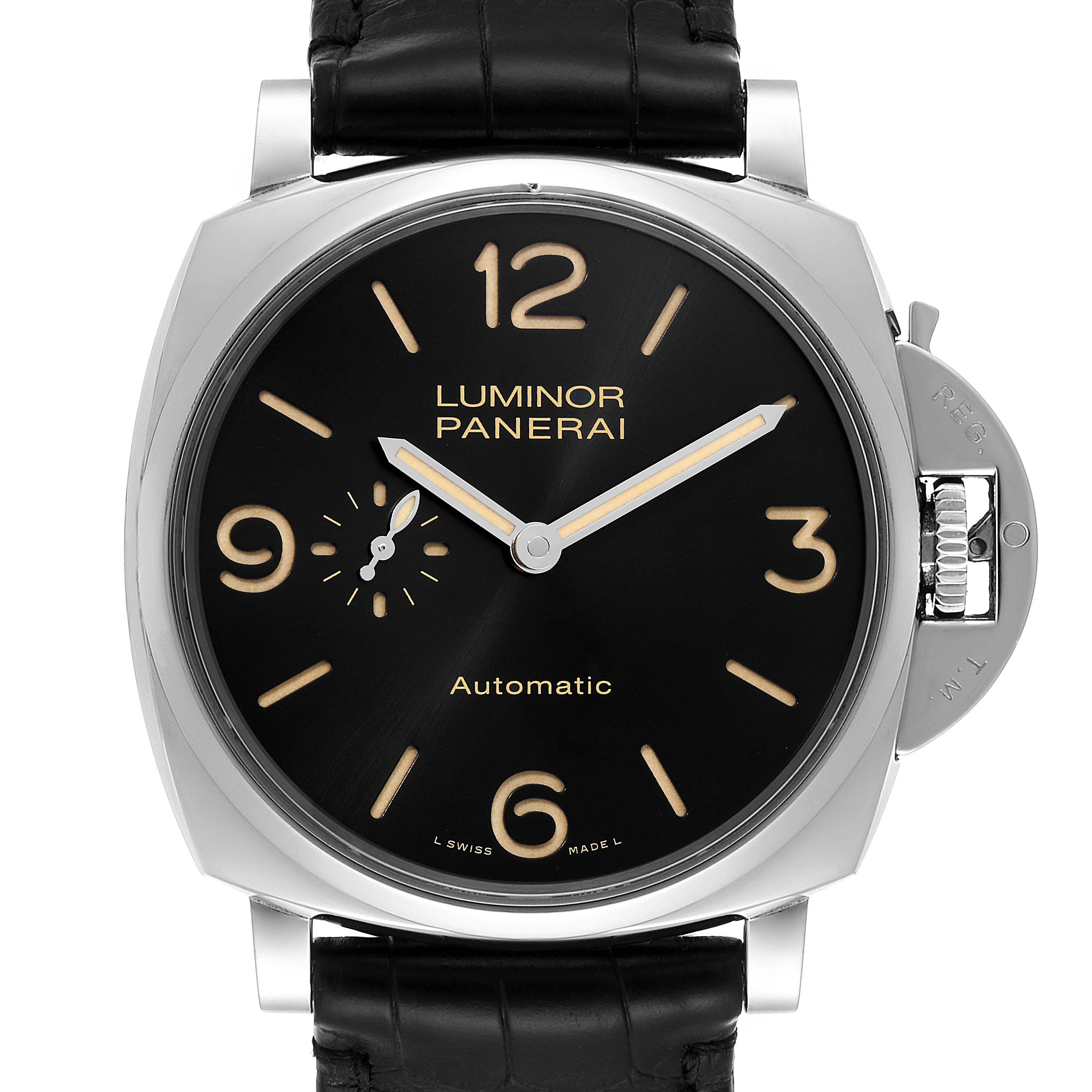 Front view of the Panerai Luminor Due PAM00674 Men's Stainless Steel Black Dial PAM00674 Men's Stainless Steel Black Dial watch showing the dial, hands, and crown guard.