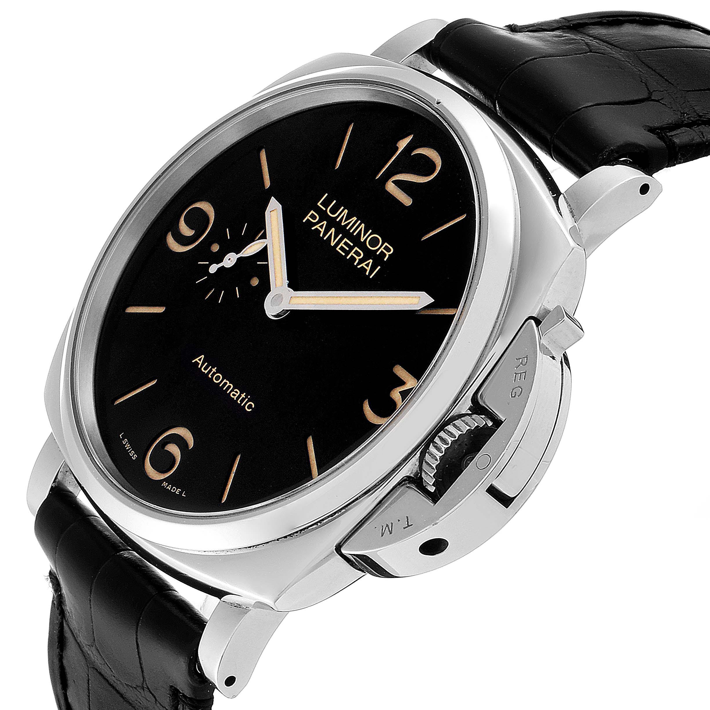 The image shows a close-up, side angle of the Panerai Luminor Due PAM00674 Men's Stainless Steel Black Dial PAM00674 Men's Stainless Steel Black Dial watch, highlighting the dial, crown, and leather strap.