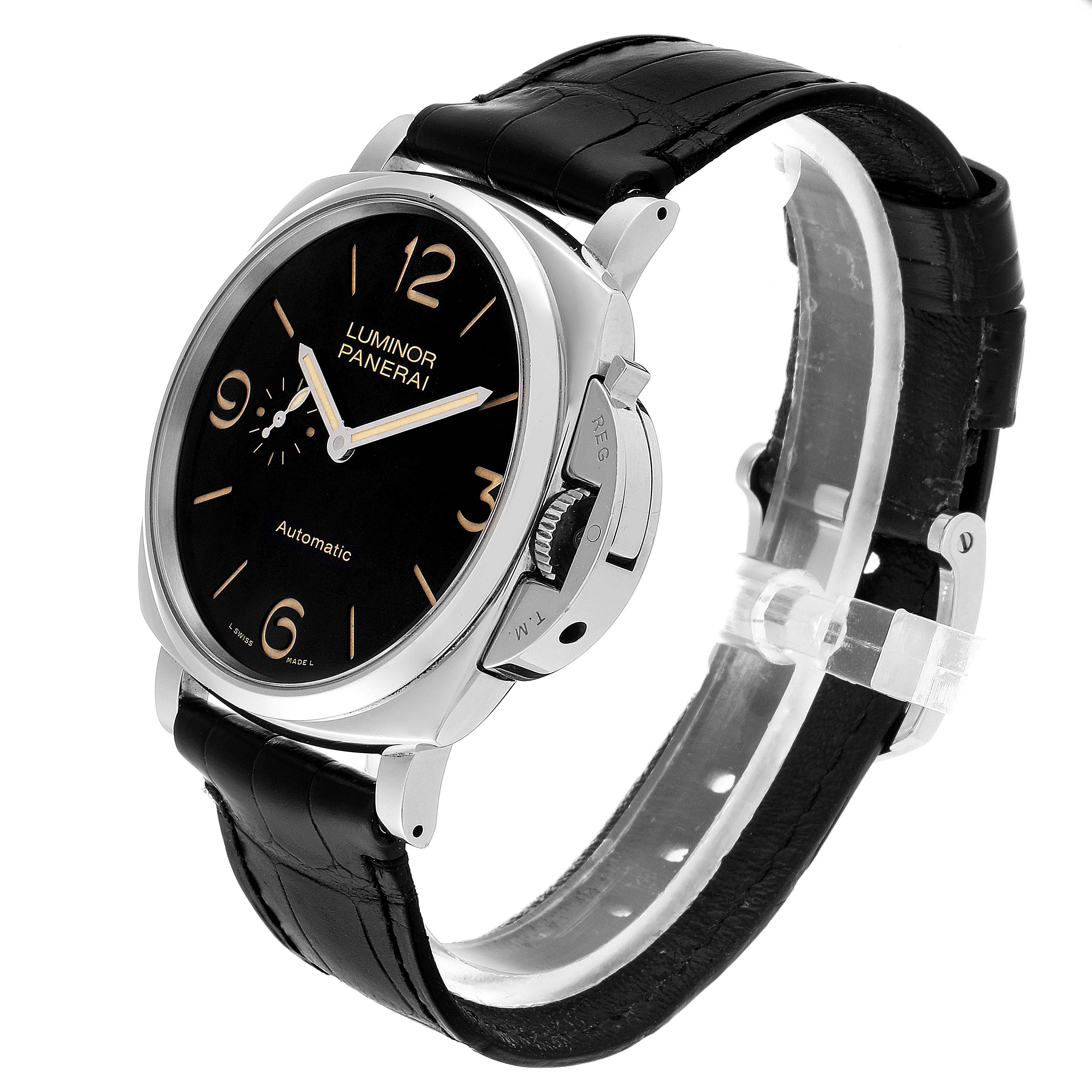 The image shows a Panerai Luminor Due PAM00674 Men's Stainless Steel Black Dial PAM00674 Men's Stainless Steel Black Dial watch angled from the front-right, highlighting the face, crown guard, and strap.