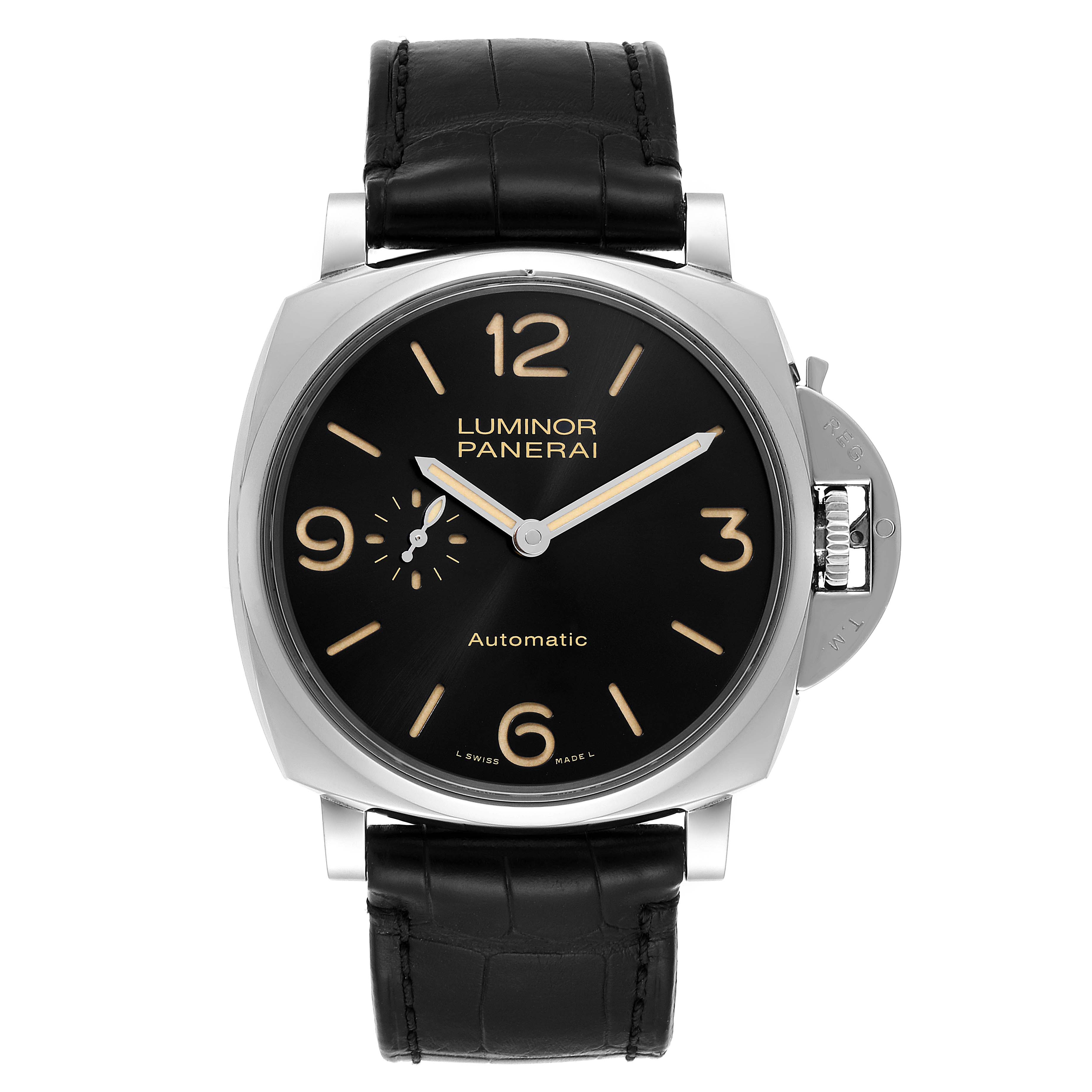 This image shows a front view of the Luminor Due model by Panerai, showcasing its black dial, numerals, and leather strap.