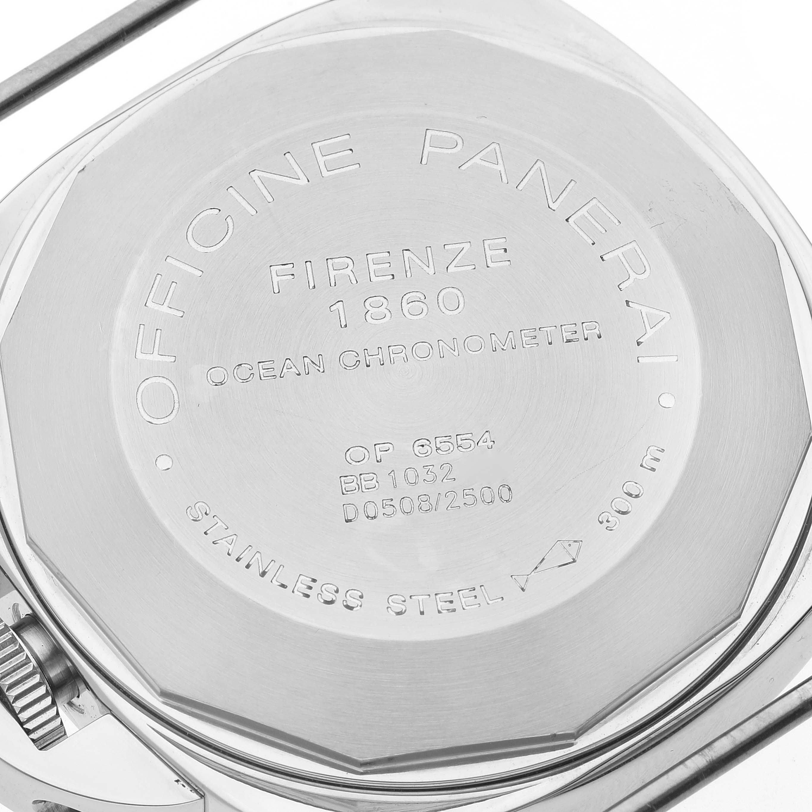 The image shows the engraved stainless steel case back of a Panerai Luminor PAM00088 Men
s Stainless Steel Black Dial PAM00088 Men
s Stainless Steel Black Dial watch.