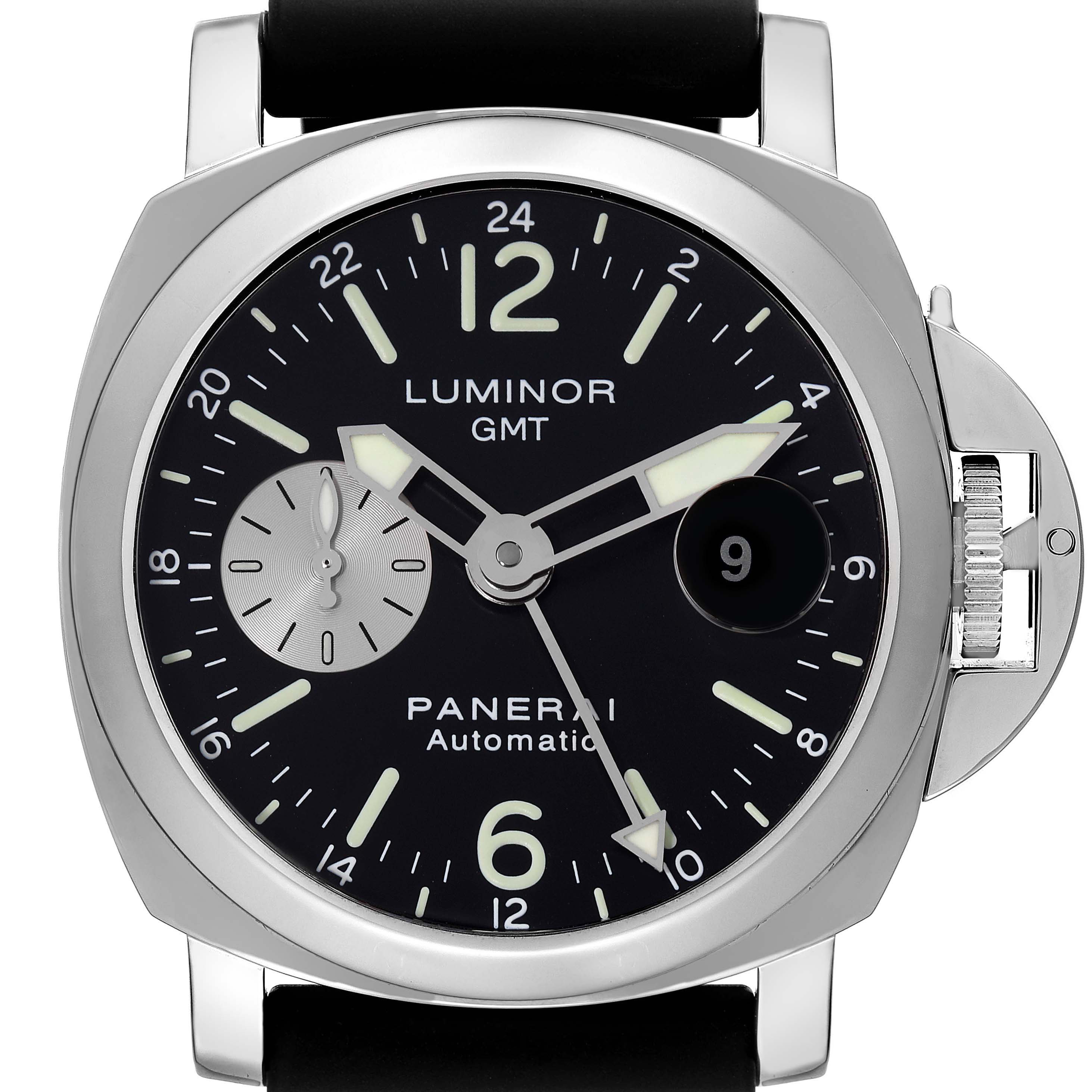 This image shows a front view of the Panerai Luminor PAM00088 Men
s Stainless Steel Black Dial PAM00088 Men
s Stainless Steel Black Dial GMT watch, displaying the dial, hands, and crown guard.