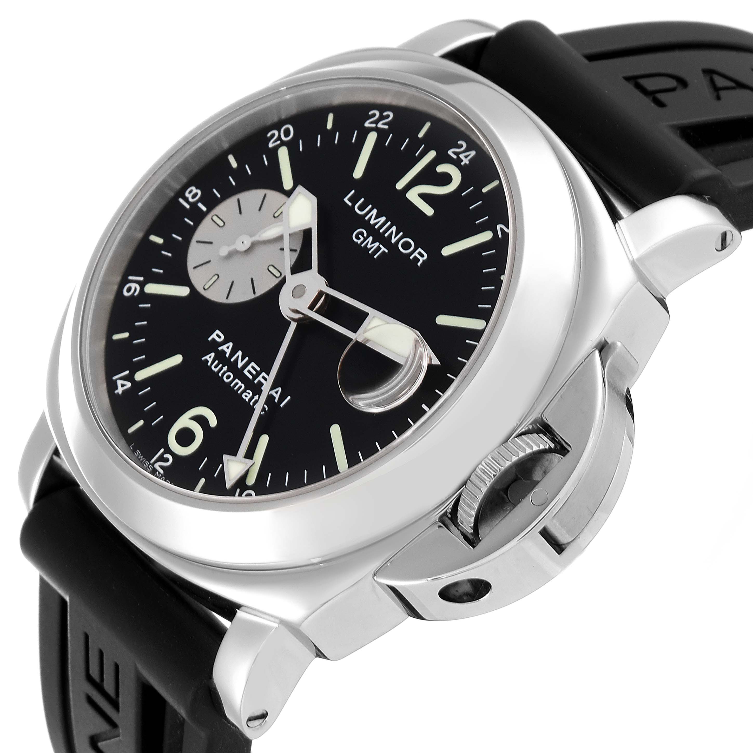 The image shows a Panerai Luminor PAM00088 Men
s Stainless Steel Black Dial PAM00088 Men
s Stainless Steel Black Dial GMT watch at a slight side angle, highlighting the dial and crown guard.