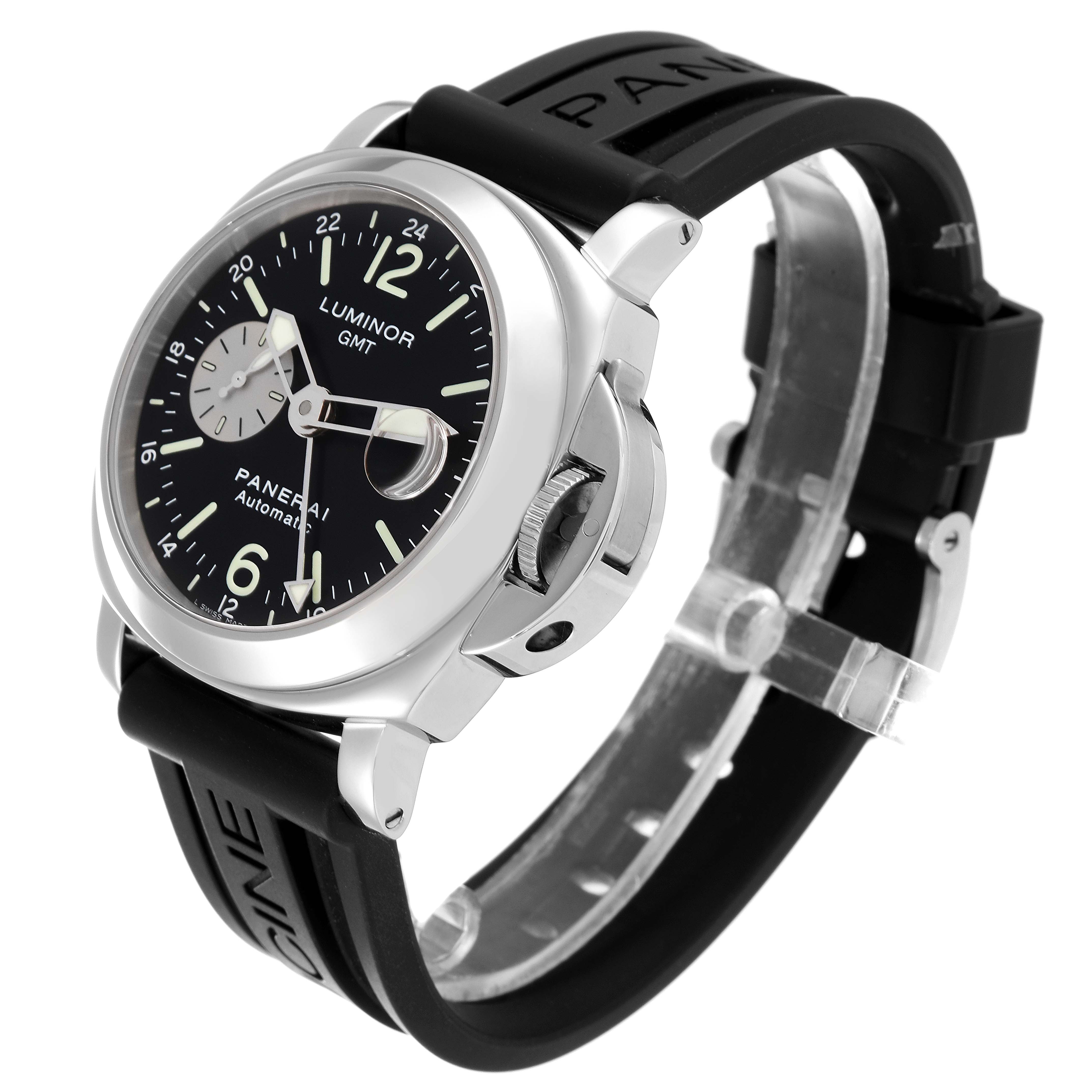 This image shows a Panerai Luminor PAM00088 Men
s Stainless Steel Black Dial PAM00088 Men
s Stainless Steel Black Dial GMT watch at a three-quarter angle, highlighting its face, case, and rubber strap.
