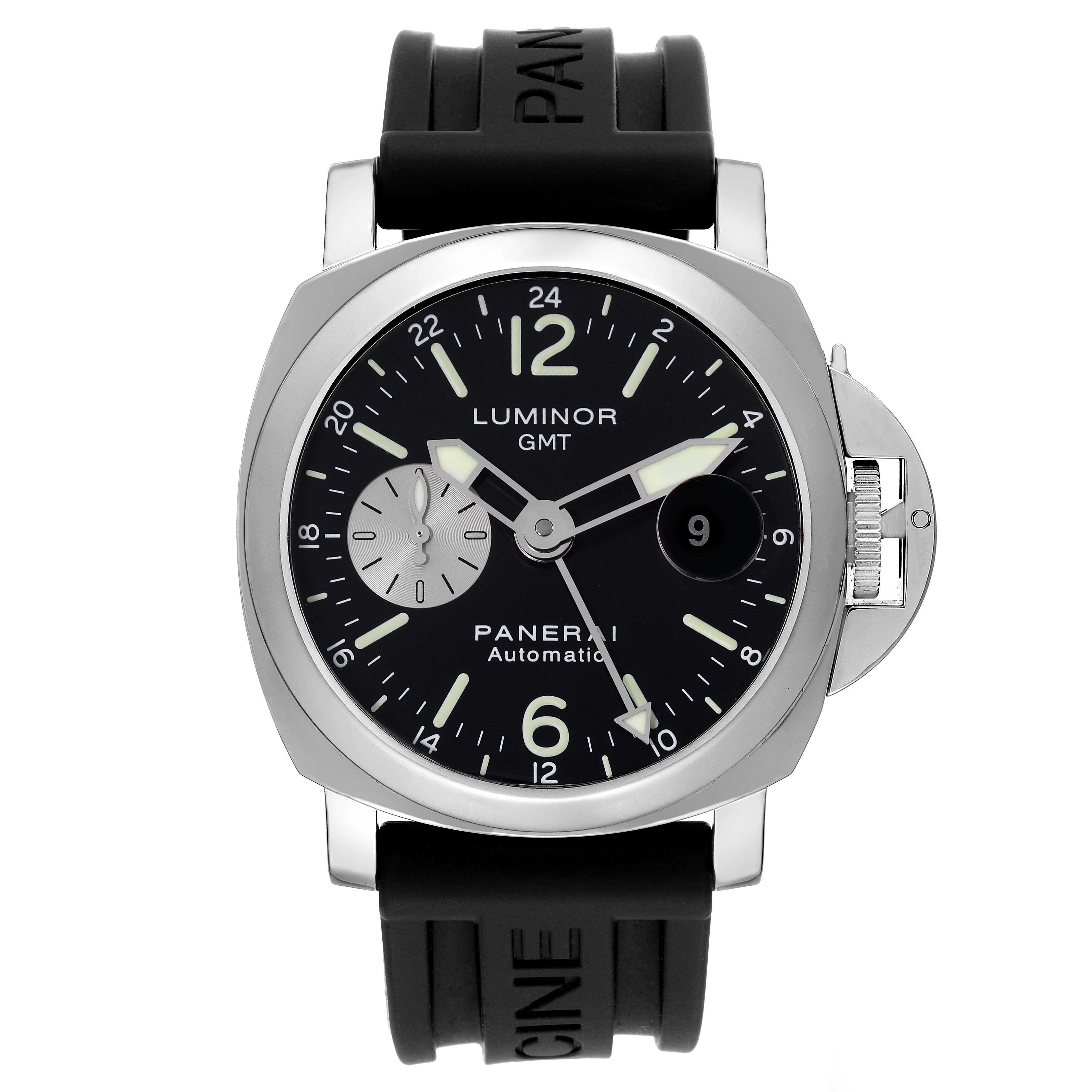 The image shows a front view of a Panerai Luminor PAM00088 Men
s Stainless Steel Black Dial PAM00088 Men
s Stainless Steel Black Dial GMT with a black dial, rubber strap, and a crown guard mechanism.