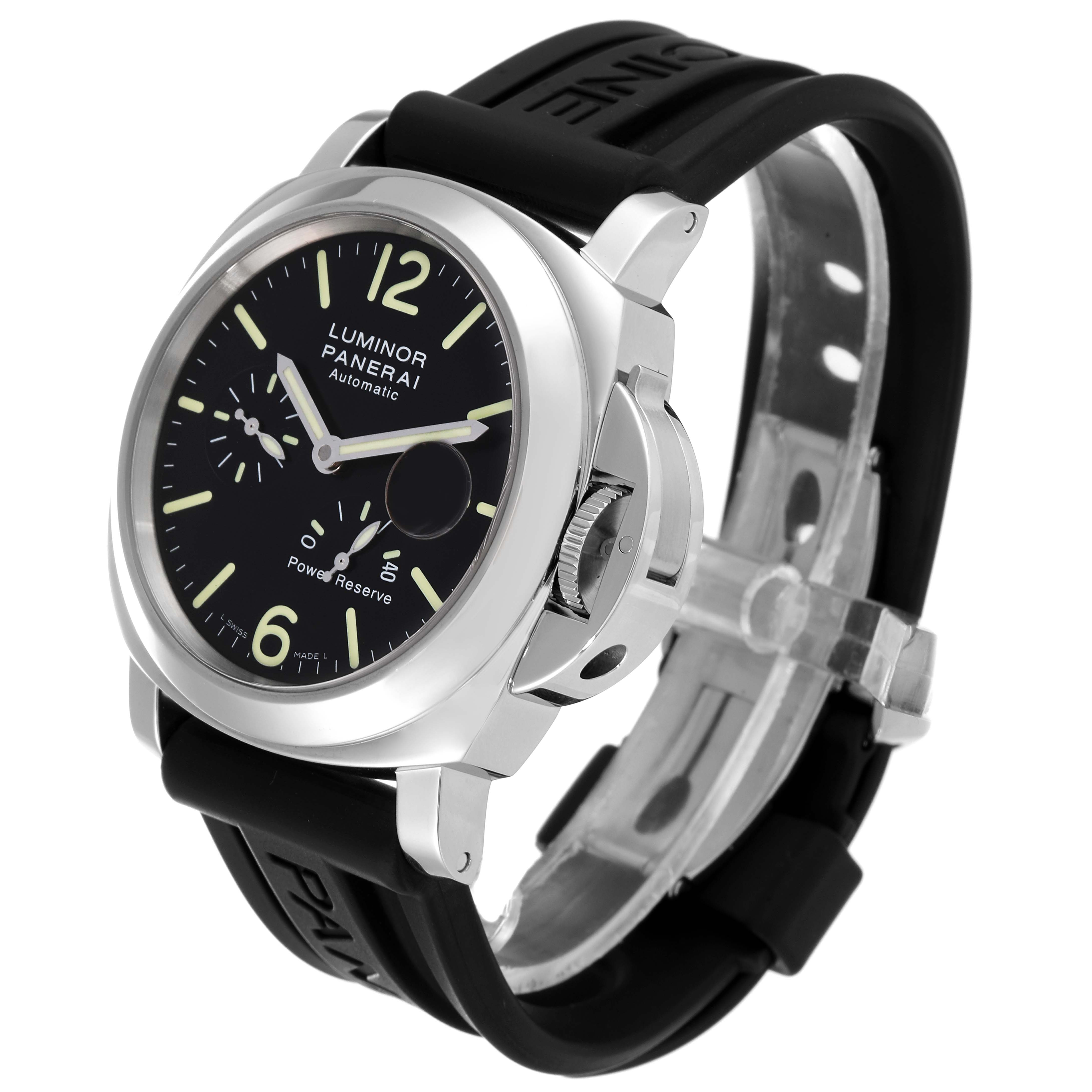 The image shows a Panerai Luminor PAM00090 Men
s Stainless Steel Black Dial PAM00090 Men
s Stainless Steel Black Dial watch at a three-quarter angle, highlighting the dial, crown, and strap.