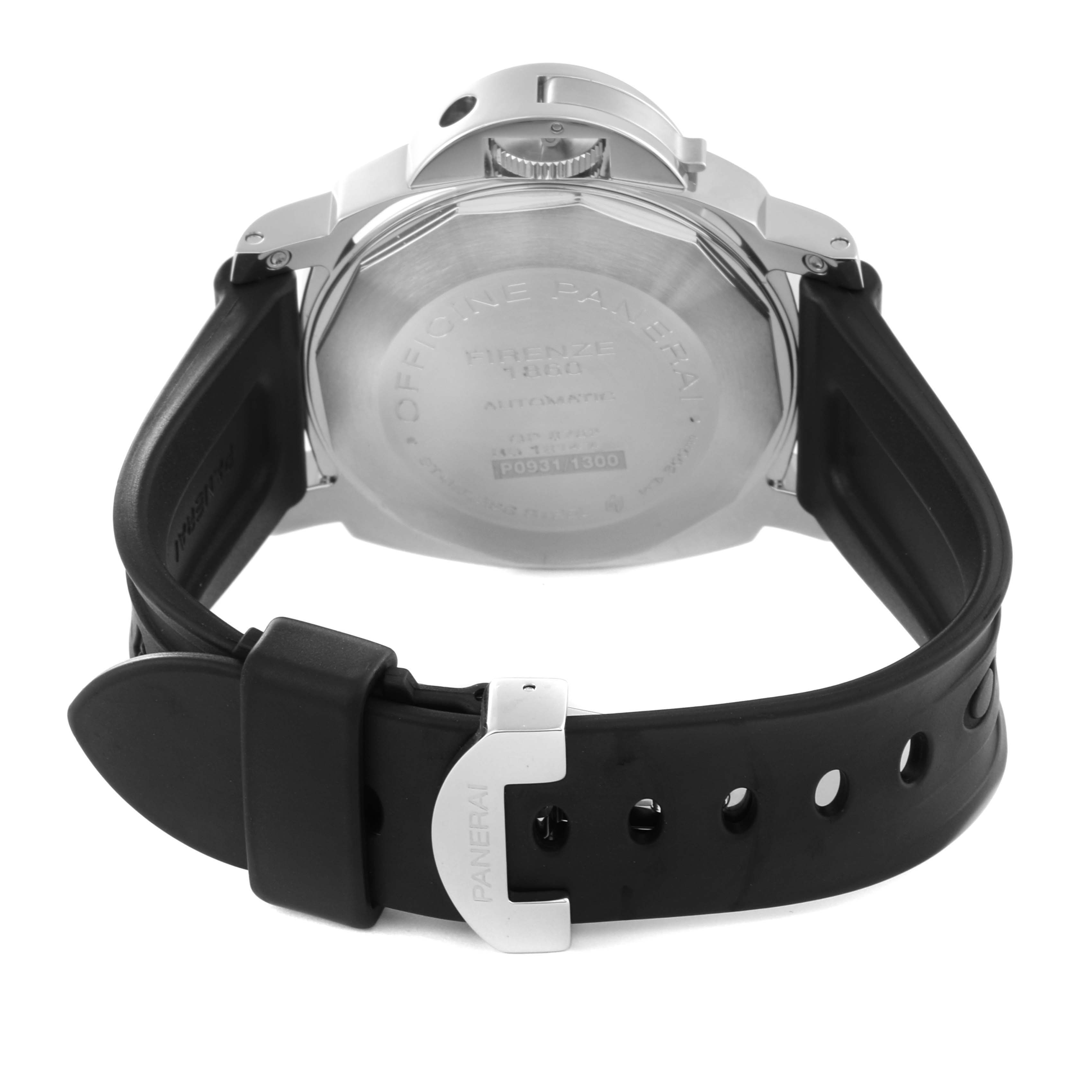 The image shows a rear view of the Panerai Luminor PAM00090 Men
s Stainless Steel Black Dial PAM00090 Men
s Stainless Steel Black Dial watch, highlighting the case back and black rubber strap with a Panerai buckle.
