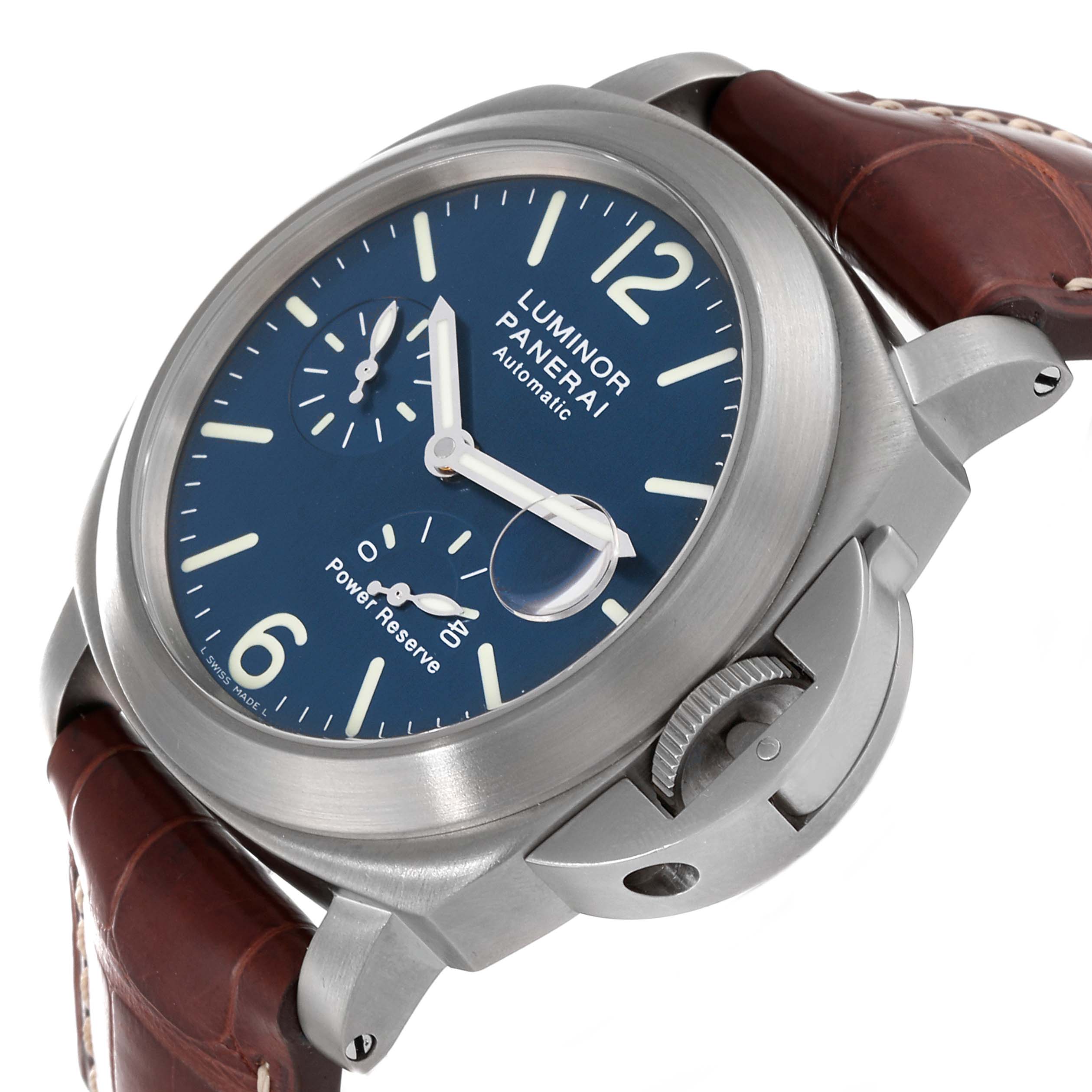 The image shows a Panerai Luminor PAM00093 Men's Titanium Blue Dial PAM00093 Men's Titanium Blue Dial watch at an angle highlighting its dial, crown guard, and leather strap.