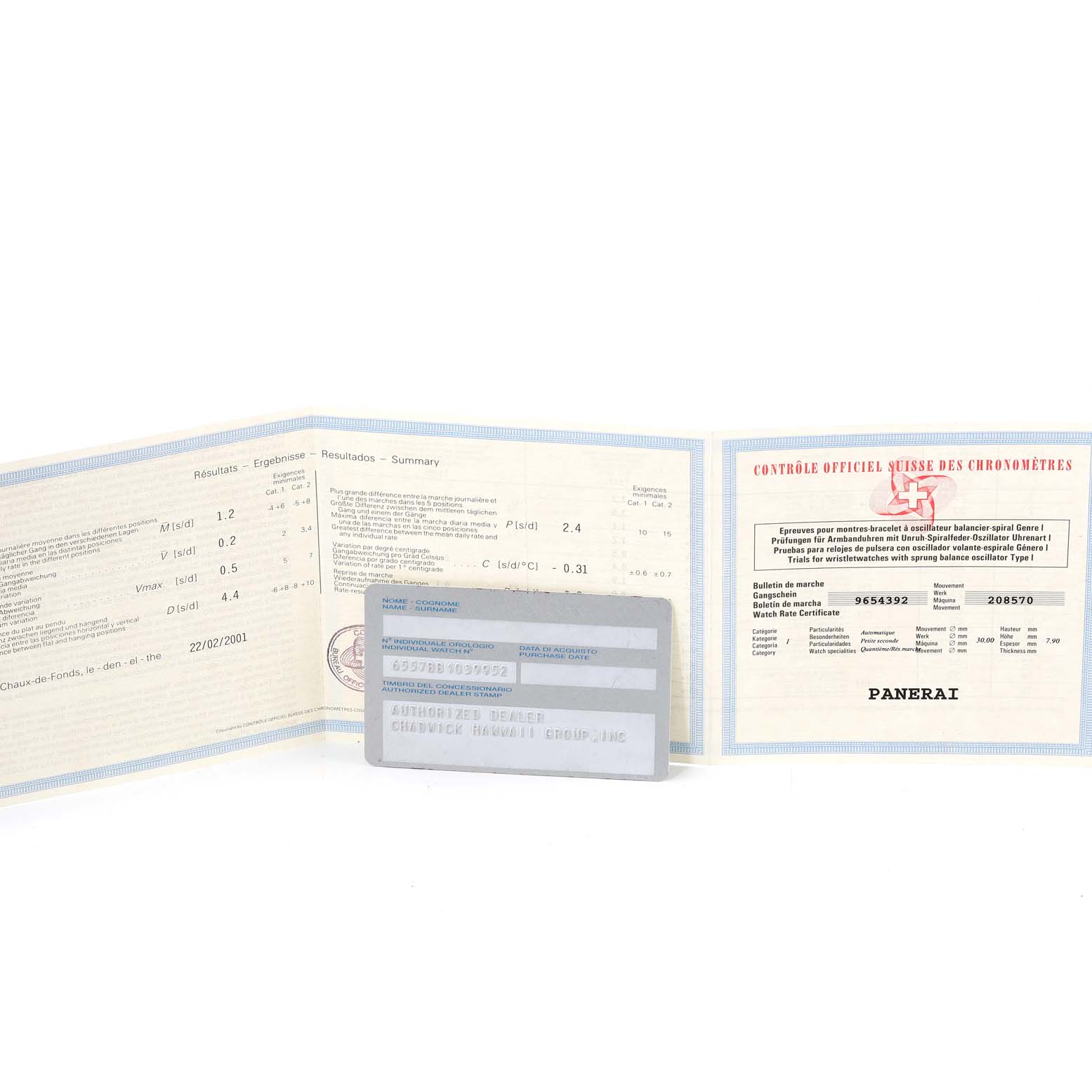 The image shows the warranty card and certification papers for a Panerai Luminor PAM00093 Men's Titanium Blue Dial PAM00093 Men's Titanium Blue Dial watch.