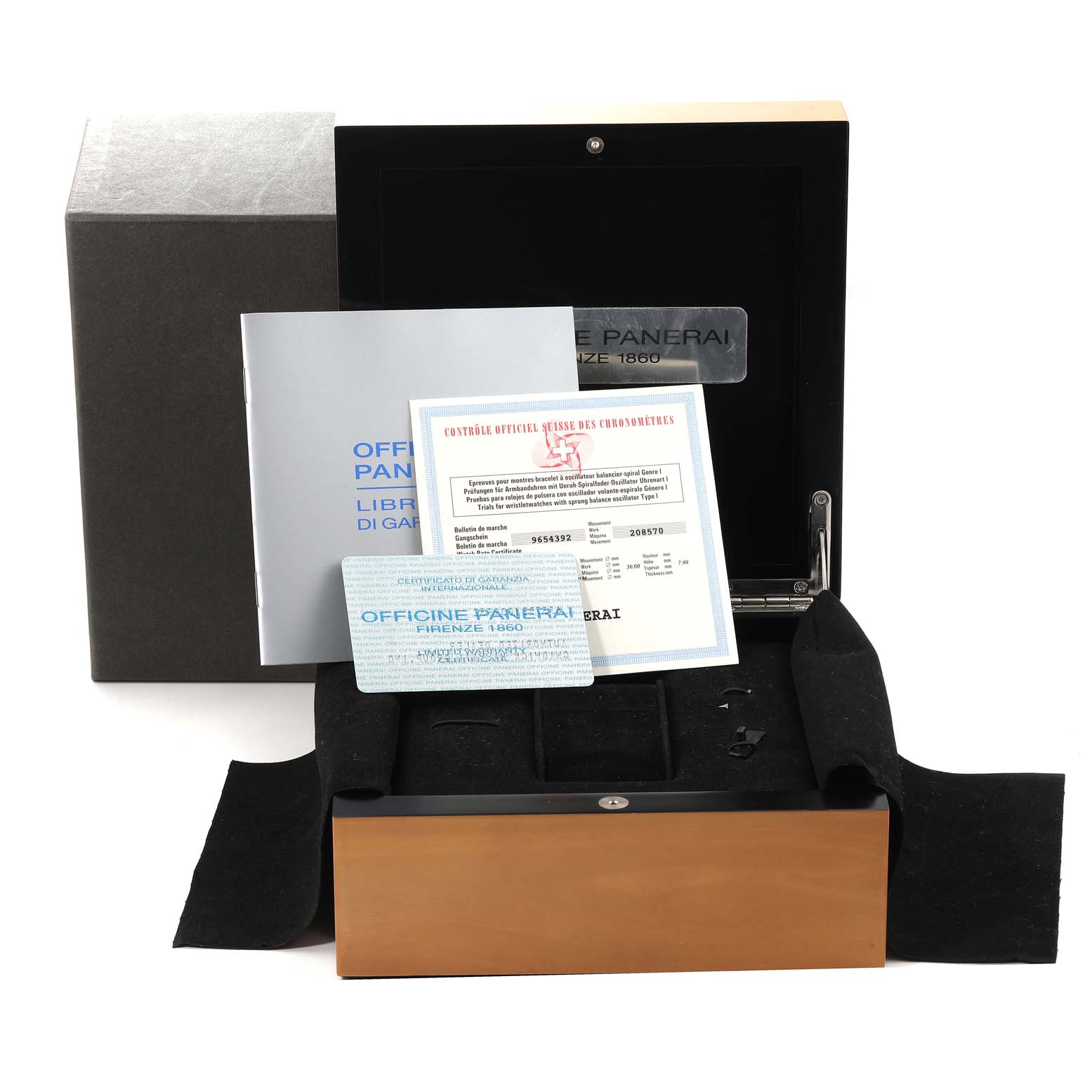 The image shows the open box and documentation for the Panerai Luminor PAM00093 Men's Titanium Blue Dial PAM00093 Men's Titanium Blue Dial model watch.