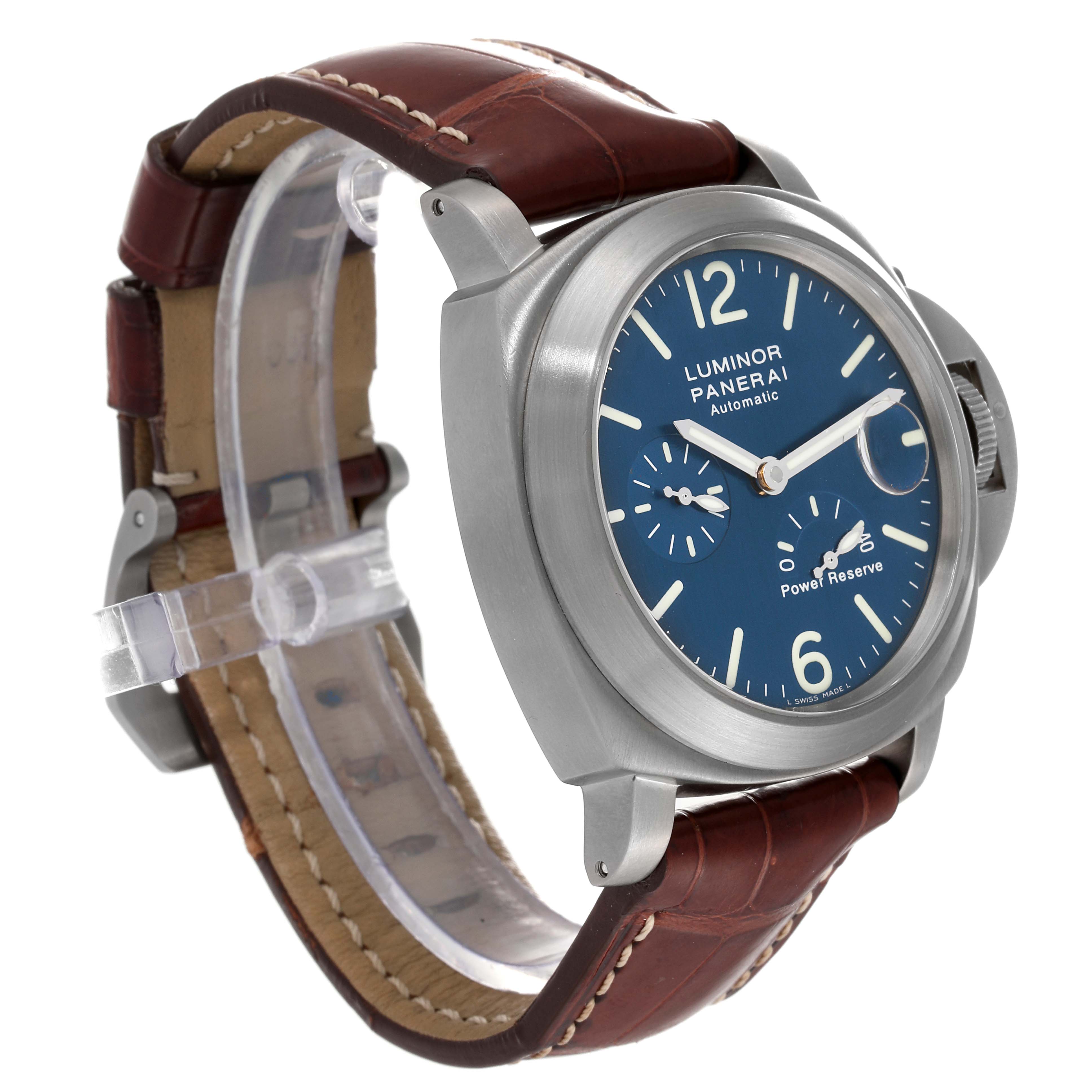 This image shows a Panerai Luminor PAM00093 Men's Titanium Blue Dial PAM00093 Men's Titanium Blue Dial watch angled from the front-left, highlighting its blue dial, brown leather strap, and stainless steel case.