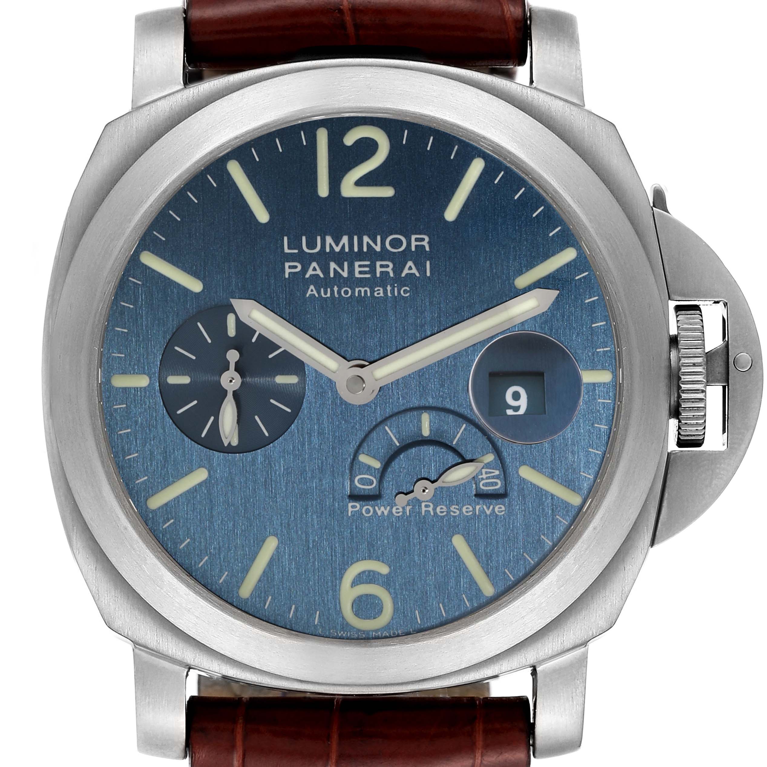 The image shows a front view of a Panerai Luminor PAM00093 Men's Titanium Blue Dial PAM00093 Men's Titanium Blue Dial watch, displaying its dial, hands, date window, and crown guard.