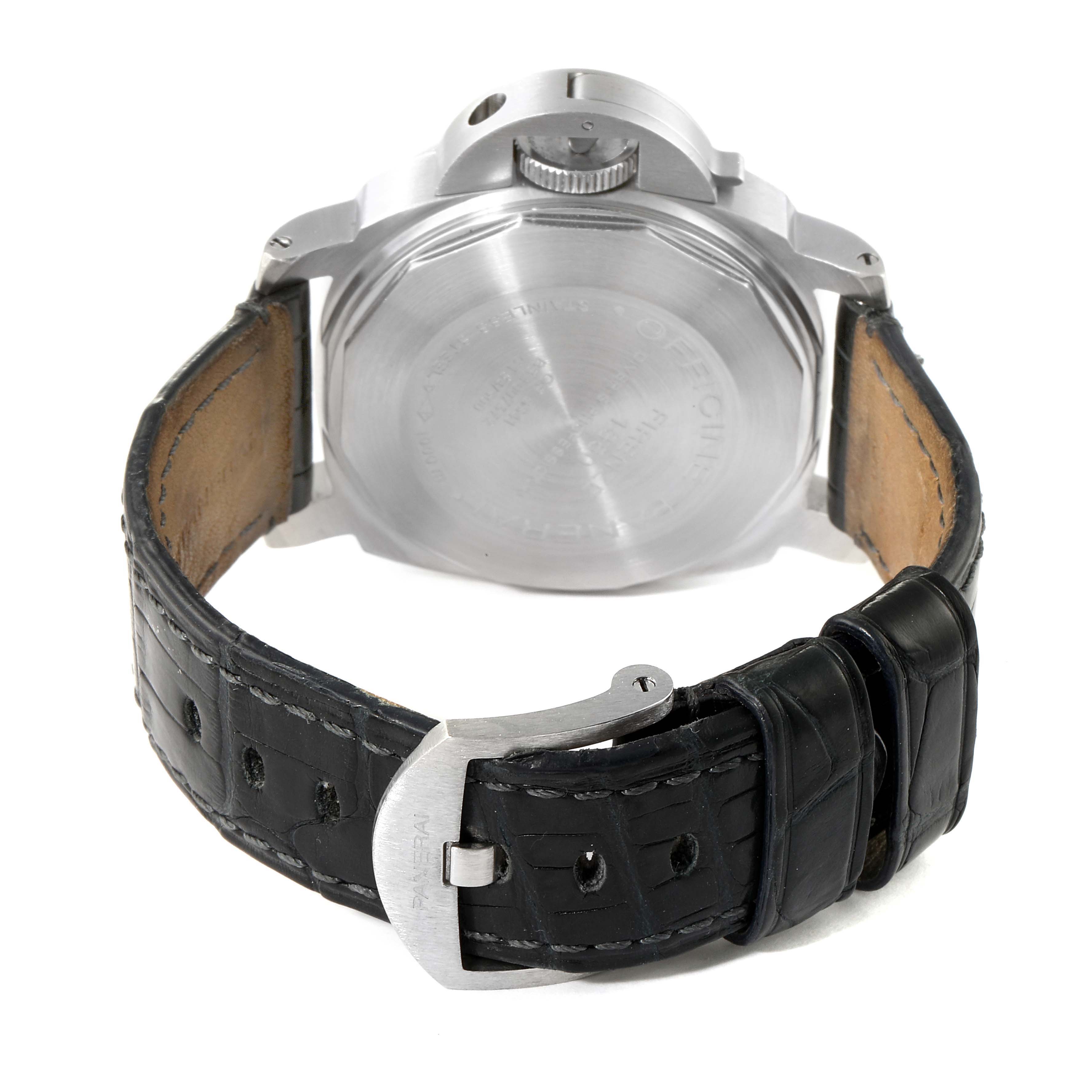 The image shows the back view of a Panerai Submersible PAM00064 Men
s Stainless Steel Black Dial PAM00064 Men
s Stainless Steel Black Dial watch, featuring the case back and black leather strap with buckle.