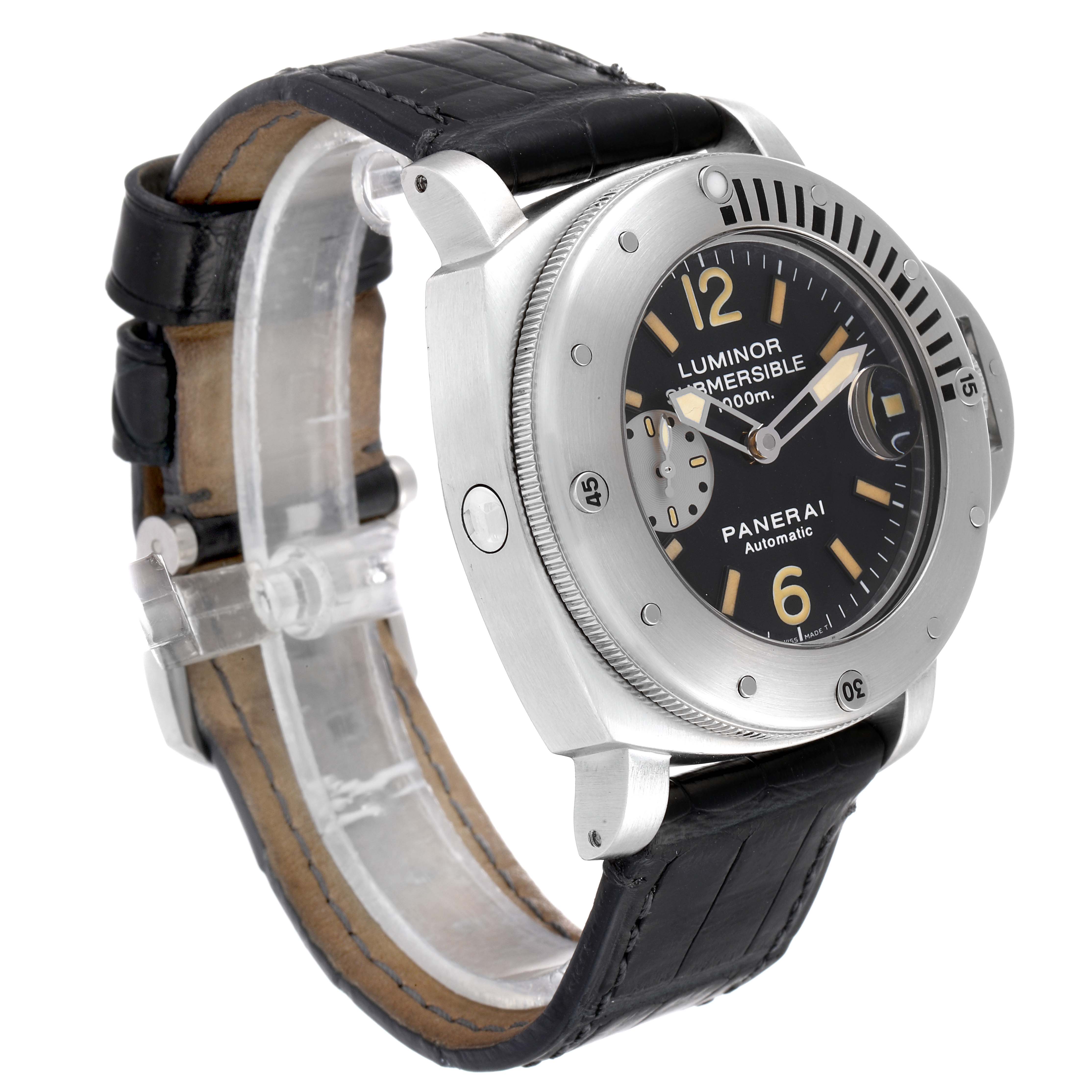 This image shows a Panerai Luminor Submersible watch at a three-quarter angle, featuring its dial, bezel, and leather strap.