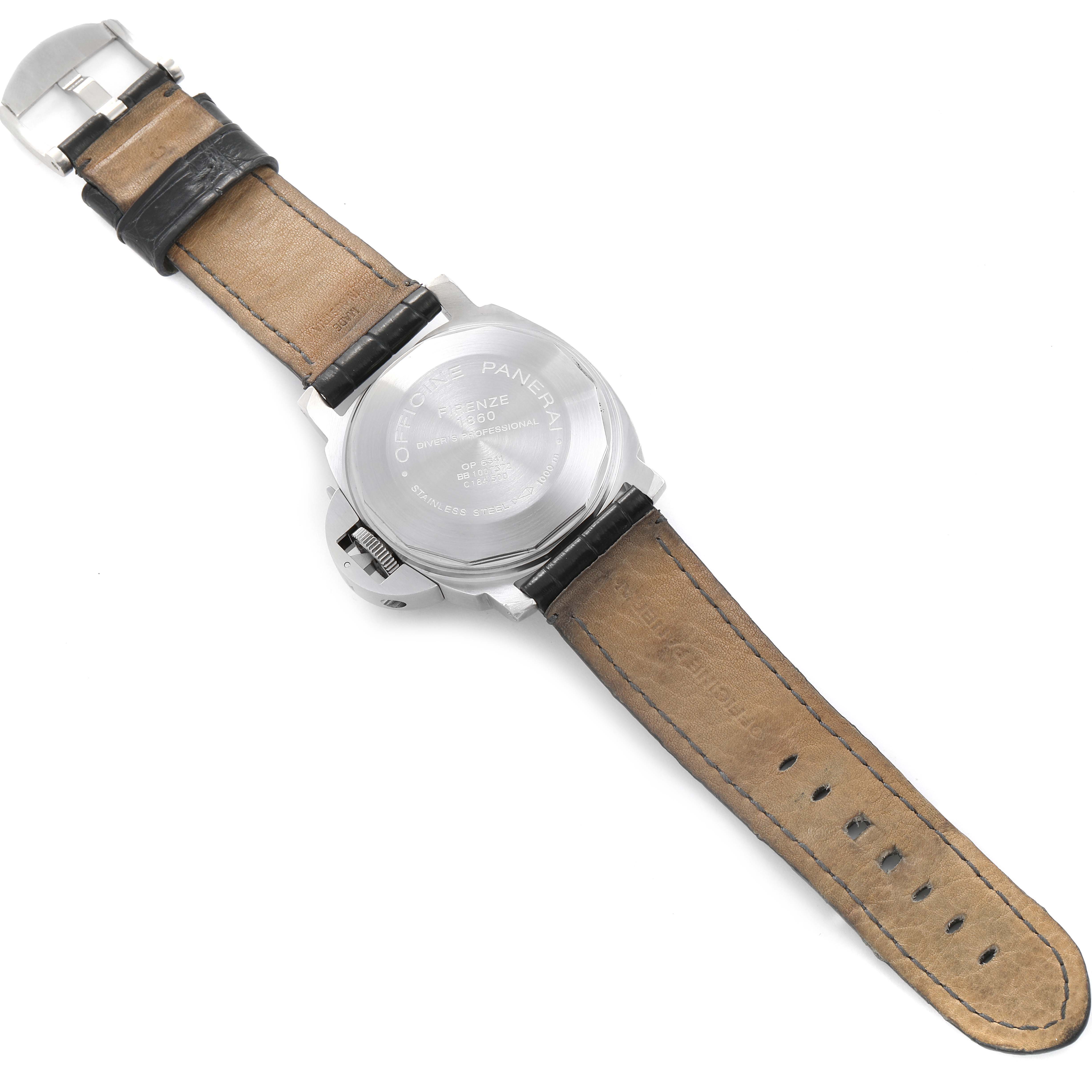 The image shows the back view of a Panerai Submersible PAM00064 Men
s Stainless Steel Black Dial PAM00064 Men
s Stainless Steel Black Dial watch with its strap fully extended.