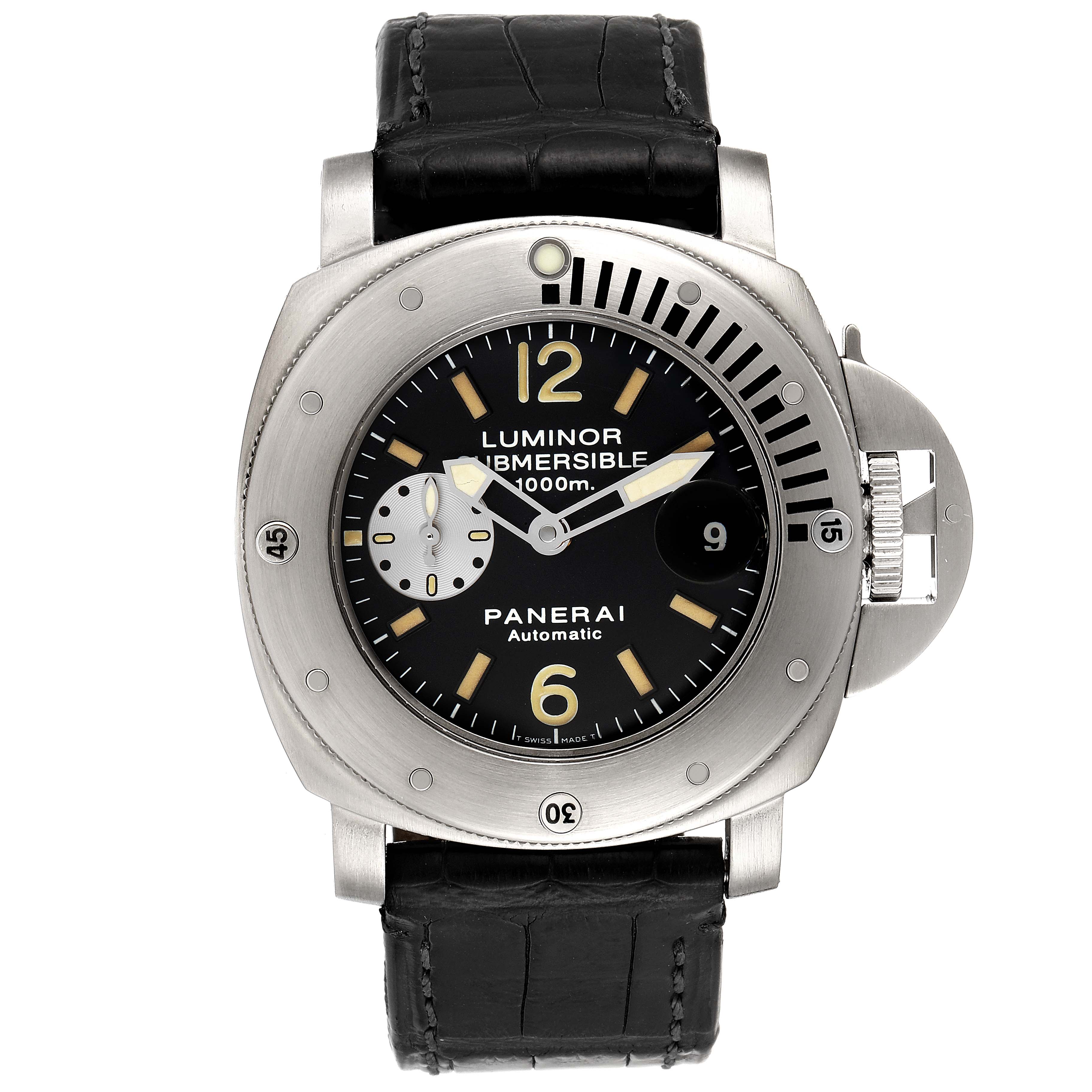 The image shows a frontal view of a Panerai Submersible PAM00064 Men
s Stainless Steel Black Dial PAM00064 Men
s Stainless Steel Black Dial watch, detailing the dial, bezel, and strap.